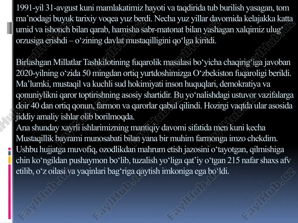 lan band qilgan aholi uchun qulay sharoit yaratish natijasida bir yilda 500 ming nafar fuqaro ro‘yxatdan o‘tib, faoliyatini qonuniy asosda yo‘lga qo‘ydi. tadbirkorlik sohasidagi mana shunday yondashuv natijasida jahon bankining “biznesni yuritish” xalqaro reytingida o‘zbekiston besh yil ichida 141-o‘rindan 69-o‘ringa ko‘tarildi. shuning uchun biz ushbu yo‘nalishdagi ishlarimizni izchil davom ettiramiz. xabaringiz bor, yaqinda tadbirkorlar bilan yangi formatdagi uchrashuv o‘tkazdik. unda mamlakatimiz bo‘yicha 10 mingdan ziyod ishbilarmonlar qatnashdi. ochiq muloqotga tayyorgarlik doirasida 15 mingdan ortiq taklif va tashabbuslar atroflicha o‘rganilib, tadbirkorlar ko‘targan masalalar bo‘yicha amaliy choralar belgilandi. biz qishloq xo‘jaligida narxlar shakllanishiga davlat aralashuvini bekor qildik, paxta va g‘alla yetishtirishda davlat buyurtmasi tugatildi. 122 ta paxta-to‘qimachilik klasteri faoliyati yo‘lga qo‘yilib, yuqori hosil olishga erishildi. biz hududlarni tarmoqlar bilan birga kompleks rivojlantirish bo‘yicha yangi tizimni joriy etdik. buning natijasida hududlarning moliyaviy imkoniyatlari kengayib, 2021 yilning o‘zida mahalliy dasturlar uchun qo‘shimcha 3 trillion so‘m mablag‘ shakllantirish imkoniyati paydo bo‘ldi. iqtisodiyot tarmoqlarining rivojlanish sur’atini …