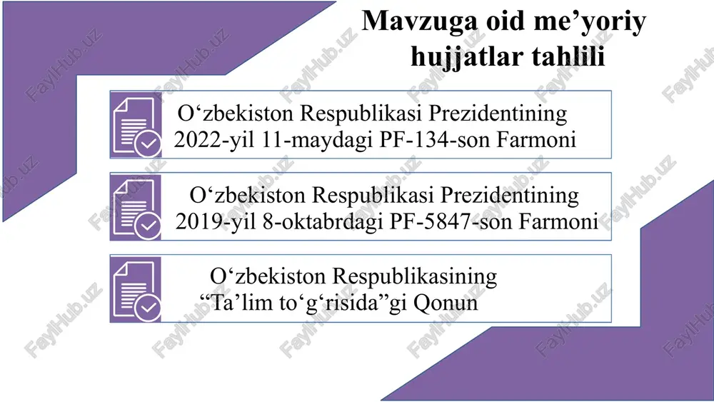 rining rolini kuchaytirish raqamli monitoring va baholash tizimini joriy etish maktab rahbarlari uchun natijalarga asoslangan boshqaruv tizimini yaratish shaffof va natijaviy baholash tizimini yaratish jamiyat va ota-onalar ishtirokini kuchaytirish chora-tadbirlar t/r muammo muammoning yechimini amalga oshirish mexanizmi mas’ullar muddati natija 1 maktab boshqaruvining samaradorligini baholash mezonlarining yetishmasligi - boshqaruv samaradorligini baholash uchun aniq ko'rsatkichlar va indikatorlarni ishlab chiqish. - o‘quvchilar natijalari, o‘qituvchilar malakasi, maktab infratuzilmasi, jamiyat bilan hamkorlikni hisobga olish. maktab rahbari va pedagogik kengash, ota onalar kengashi 1 oy boshqaruv samaradorligini baholashning aniq mezonlari va ko‘rsatkichlari ishlab chiqiladi. 2 boshqaruv jarayonlarida raqamli texnologiyalarni qo‘llashning sustligi - raqamli boshqaruv tizimlarini joriy etish. - o‘quvchilar va o‘qituvchilar uchun elektron hujjatlar va o‘quv jarayonlarini raqamlashtirish. maktab it bo‘limi va rahbar, o‘qituvchilar 4 oy maktabda raqamli texnologiyalar yordamida samarali boshqaruv tizimi shakllanadi. 3 maktablararo tajriba almashish va hamkorlikning past darajasi - maktab rahbarlari uchun seminarlar va konferensiyalar tashkil qilish. - maktablararo tajriba almashish …
