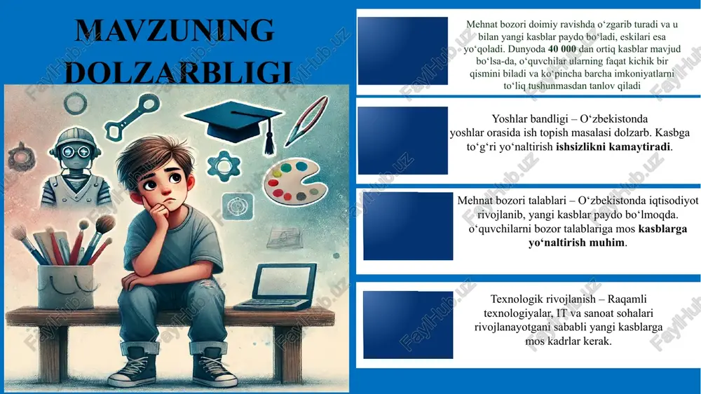 juda rivojlangan. kasbga yo‘naltirish bo‘yicha mutaxassislar (kariyer maslahatchilari) har bir maktabda professional kariyer maslahatchilari mavjud bo‘lib, ular o‘quvchilarga qaysi soha ularga mos kelishini tushunishda yordam beradi.bu maslahatchilar o‘quvchilar bilan individual va guruhli uchrashuvlar o‘tkazib, ularga mos kasblar haqida ma’lumot berishadi. muammo yuzasidan xorijiy tajribalarining o‘rganilganligi qiyosiy tahlil etilganligi № amaldagi holat (o‘zbekistonda) amaldagi holat xorijda taklif 1 umumiy o‘rta ta’lim muassasasida o‘rgatiladigan kasb-hunarlar ro‘yxati shakllantirilgan. respublika bo‘yicha 289 ta umumiy o‘rta ta’lim muassasasida o‘quvchilarni kasb-hunarga o‘qitish amaliyoti joriy etilgan. bitiruvchilarga o‘rgangan kasb-hunari to‘g‘risida beriladigan davlat namunasidagi elektron hujjat joriy etildi. umumiy oʻrta taʼlim muassasalari yuqori sinf oʻquvchilarining qiziqishi va qobiliyatiga koʻra fanlarni chuqurlashtirib oʻqitish hamda zamonaviy kasblarni oʻrgatish bo‘yicha o‘quv reja va o‘quv dasturlar ishlab chiqilgan. o‘quvchilarning qiziqishlarini aniqlash va kasbga yo‘naltirish bo‘yicha kasb.maktab.uz elektron platforma ishlab chiqilgan. . yaponiyada har yili 7-9-sinf o‘quvchilari o‘zlarini turli sohalardagi 16 xil kasblarda sinab ko‘rishadi: qishloq xo‘jaligi, ilmiy faoliyat, biznes va boshqalar. shunday …
