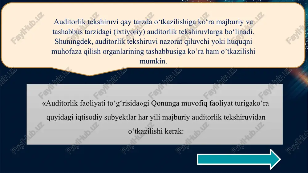 oki xalqaro buxgalter sertifikatiga ega bo‘lgan kamida ikki nafar auditorning mavjudligi; auditorlik tashkilotining ishi sifatini tashqi nazoratdan o‘tkazish natijalariga ko‘ra, auditorlik faoliyati to‘g‘risidagi qonunchilikning buzilishi hollari mavjud emasligi. banklarning auditorlik tekshiruvi shtatida banklarning auditorlik tekshiruvlarini o‘tkazish huquqi uchun auditorning malaka sertifikatiga ega bo‘lgan kamida ikki nafar auditor mavjud bo‘lgan auditorlik tashkilotlari tomonidan o‘tkaziladi. ushbu moddaning birinchi qismida ko‘rsatilgan xo‘jalik yurituvchi subyektlar majburiy auditorlik tekshiruvi buyurtmachilari sifatida ish yuritadi. majburiy auditorlik tekshiruvini qonunga muvofiq o’tkazishdan bo‘yin tovlash xo‘jalik yurituvchi subyektning mansabdor shaxsiga nisbatan ma’muriy jazo qo‘llanilishiga sabab bo‘ladi. yillik moliyaviy hisobotning auditorlik tekshiruvini hisobot yilidan keyingi yilning 15-iyunigacha o‘tkazmaslik va auditorlik xulosasining yo‘qligi xo‘jalik yurituvchi subyektning majburiy auditorlik tekshiruvi o‘tkazilishidan bo‘yin tovlashi deb e’tirof etiladi. soliq organlari tomonidan ma’muriy jazo qo‘llanilganidan keyin kalendar yil tugaguniga qadar majburiy auditorlik tekshiruvini o‘tkazmaslik xo‘jalik yurituvchi subyektdan bazaviy hisoblash miqdorining yuz baravari miqdoridagi summada jarima undirishga sabab bo‘ladi. xo‘jalik yurituvchi subyekt jarimani ixtiyoriy ravishda to‘lashdan …