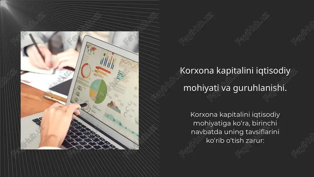 angandan keyin bu kapital funksiyasini yo‘qotadi: u o‘zida dezinvestitsiyani bildirib, oborotdan tashqari aktivlardan ajratish divedendlar, foizlar va ishchi xodimlarni ijtimoiy qondirish maqsadida bir qism kapitalni aylanma aktivlar va oborotdan tashqari aktivlar tarkibidan chiqarish.ya rabotayu v sfere finansov bolee 15 let. jamg‘ariladigan kapital – foydani o‘stirish divedendlar to‘lash jarayonida ularni o‘stirish kiradi. 11 10. jalb qilish manbai bo‘yicha: milliy va xalqaro kapitallarga bo‘linadi. korxona kapitallarini doimiy doiraviy aylanish jarayoni xarakatlanishini qo‘yidagi tarkibda keltirish mumkin. har bir tugallangan kapital aylanishi alohida bosqichlardan iborat bo‘ladi. birinchi bosqich: pul shaklidagi kapital (operatsion aktivlarni investitsiyalash); ikkinchi bosqich: ishlab chiqarish kapitali bu ishlab chiqarishni mahsulot shakliga o‘tishi; uchinchi bosqich: bu tovar kapitali realizatsiya darajasi bilan tovar va xizmatlar pul kapitali shakliga aylanadi. 1 korxona shakllanish shajmini jalb qilish kapital shajmini ta’ minlashni mos kelishi turli manbalardan kapital shakllanishi biyicha xarajatlarni minimallashni ta’minlash xo’jalik faoliyati jarayonlarida kapitaldan foydalanishni yu=ori samaradorli ta’minlash kapital tarkibini optimallashni ta’minlash uning xarakatlanish …