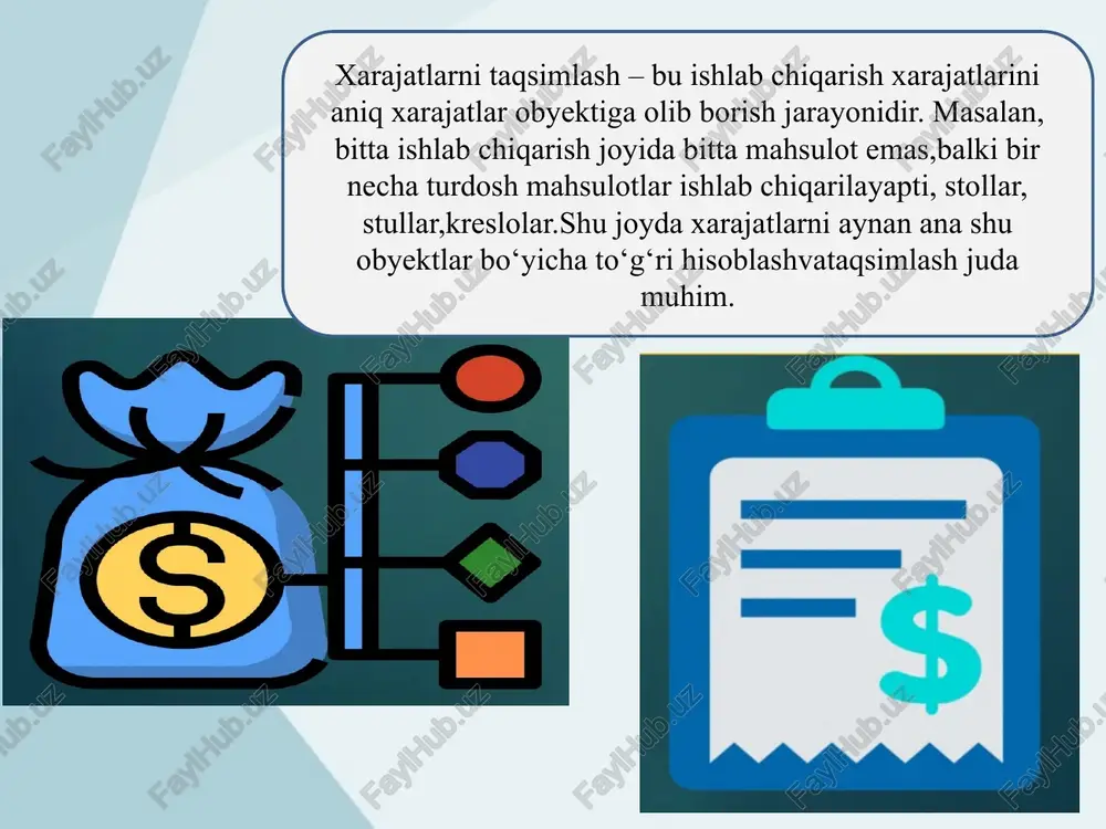 ji boricha aniq, aynan mahsulot birligida to’g’ri kelgunigacha aniqlash alohida mahsulot turlari bo’yicha ana shunday mahsulot birligining tannarxini (mbt) quyidagi formula orqali hisoblash mumkin: mbt = ishlab chiqarish tannarxi tayyor mahsulotlar soni ! mahsulotlar tannarxini hisoblashda vujudga keladigan barcha muammolarni tannarxini kalkulyatsiya qilishning buyurtmali va jarayoni usullarini qo’llab yechish mumkin. e’tiboringiz uchun rahmat! image1.jpeg image2.jpeg image3.jpeg image4.png image5.png image6.png image7.png image8.png image9.png image10.png image11.png image12.png image13.png image14.png /docprops/thumbnail.jpeg