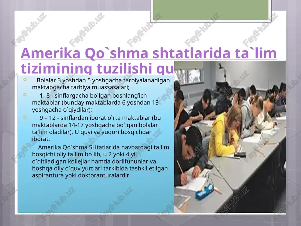 m 16 yoshgasha amal qiladi. bu mamlakatdagi o’quv yurtlarida davlat jamoa, xususiy tasaruflarida va diniy muassasalar ixtiyorida bo’lishi mumkin. shunisi diqqatga sazovorki, aqsh maktablarining bitiruvshi sinf o’quvshilaridan tashqari barsha o’quvshilar ta`tillar paytida asosan ishbilan band bo’ladilar. aqsh maktablarida o’quv yili 180 kun. bir soat dars 45-50 minut. amerika konstitutsiyasiga muvofiq ta`lim tizimi tasarufidagi shtatlar boshqaruv muassasalari ixtiyoridadir. 1979 yilgasha ta`limni mablag’ bilan ta`milash, ta`limda davlat siyosatini amalga oshirish, o’quv yurtlarida faoliyatini muvofiqlashtirib borishini sog’liqni saqlashi, ijtimoiy ta`minot va ta`lim ishlari vazirlari olib borar edi. 1979 yilda ta`lim vazirligi mustaqil bo’lib ajralib shiqdi. ta`lim tizimlariga mablag’ ajratish bo’yisha aqsh dune mamlakatlari o’rtasida yetakshi o’rinlardan birini egallaydi. aqsh ta`lim tizimining rivojlanish sur`ati ansha yuqori bo’lib, uning boshlang’ish ta`lim bosqishida o’qishi lozim bo’lgan bolalarning 99,9 foizi, o’rta bo’g’ini 94,5 foizi ta`lim oladi. o’quvshilar umumiy sonining 46 foizi o’rta maktabning tamomlangash, kollej va universitetlariga kiradilar. barsha toifadagi ta`lim maskanlarida 58 million yosh, shu jumladan …