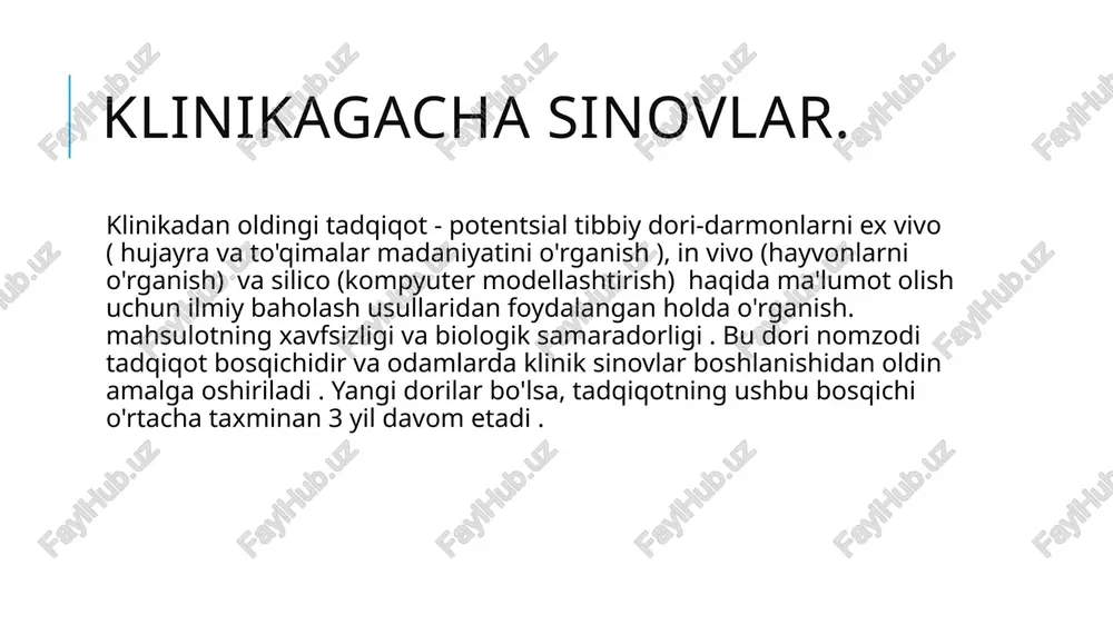 i. * iii faza: dorining boshqa davolash usullari bilan solishtirish, uzoq muddatli foydalanishdagi xavfsizligini baholash. minglab bemorlarda o'tkaziladi. * iv faza: dori bozorda bo'lganidan keyin o'tkaziladigan qo'shimcha sinovlar. dorining kam uchraydigan nojo'ya ta'sirlarini aniqlash va uning boshqa dorilar bilan o'zaro ta'sirini o'rganishga qaratilgan. birinchi bosqich ustuvor vazifa 1-bosqich klinik sinovlarining asosiy vazifasi o'rganilayotgan preparatning xavfsizligini tasdiqlashdan iborat. asosiy e'tibor samaradorlikka emas, balki xavfsizlikka qaratilgan. tadqiqotchilar inson tanasida preparatning tolerantligini baholaydilar va moddaning xavfli bo'lmagan maksimal dozasini aniqlaydilar. ishtirokchilar bu xavf bilan to'la bosqich. shuning uchun 1-bosqich klinik sinovlari ishtirokchilari sog'lig'i yaxshi bo'lishi kerak. faqatgina bunday odamlar uchun preparatni sinab ko'rish sog'liq uchun xavfni kamaytiradi. o'nlab ko'ngillilar tanlab olinadi va to'liq tekshiruvdan o'tadi. tajriba davomida ular doimiy shifokor nazoratida. jarayon test moddasi ko'ngillilarga turli dozalarda taklif etiladi. shu bilan birga, testlar o'tkaziladi, elektrokardiografik, ultratovush va boshqa tadqiqot usullari amalga oshiriladi. olimlar bir qancha savollarga javob olishmoqda. farmakokinetikaga ko'ra: dori organizmga qanday …