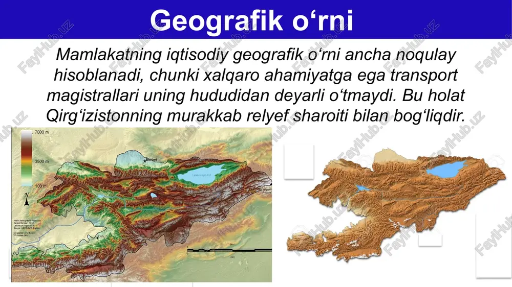 respublikada chorvachilikning qo‘ychilik, echkichilik, qoramolchilik, yilqichilik singari tarmoqlari yaxshi rivojlangan. qishloq xo‘jaligi mamlakat iqtisodiyotida turizm ham muhim ahamiyatga ega. yiliga respublikaga 3 milliondan ortiq xorijiy sayyohlar tashrif buyuradi. ularning asosiy qismi issiqko‘l atrofida dam olish uchun keladi. turizm mustaqil bajarish uchun topshiriqlar 1. darslikdagi “qirg‘iziston respublikasi” mavzusini o‘qing. 2. mavzu yuzasidan berilgan savollarga javob yozing va qirg‘iziston respublikasining iqtisodiy geografik o‘rniga baho bering. image2.png image3.png image4.png image5.png image6.jpeg image7.jpeg image8.gif image9.gif image10.jpeg image11.jpeg image12.jpeg image13.jpeg image14.png image15.jpeg image16.jpeg image17.jpeg image18.png image19.jpeg image20.jpeg image21.jpeg image22.jpeg image23.jpeg image24.jpeg image25.png image26.png image27.jpeg image28.jpeg image29.jpeg image30.jpeg image31.jpeg image32.jpeg image33.jpeg image34.jpeg image35.jpeg image36.jpeg image37.jpeg image38.jpeg relief map of kyrgyzstan - 3d-rendering household kyrgyzstan map