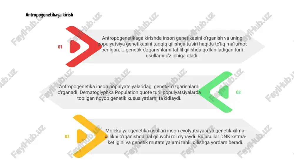 qida qimmatli ma'lumotlarni beradi. 02 01 dnk ketma-ketligi kabi molekulyar genetika usullari genetik o'zgaruvchanlikni va uning inson evolyutsiyasi va sog'lig'iga ta'sirini tushunishga yordam beradi. antropogenetika inson populyatsiyalaridagi genetik o'zgaruvchanlikni o'rganadi. dematoglifka populyatsiyasi teri tizmalaridagi o'zgarishlarni o'rganadi. molekulyar genetika genlarning tuzilishi va funktsiyasini o'rganadi. antropogenetikada molekulyar usullar dnk tahlilidan foydalanadi. 1 antropogenetika usullari dnk namunalarini va oilaning nasl-nasabini o'rganishni o'z ichiga oladi. dematoglyphka population quote teri xususiyatlariga va ajdodlariga qaratilgan. antropogenetikada molekulyar usullar pcr, sekvensiya va genotiplashni o'z ichiga oladi. 2 antropogenetika inson evolyutsiyasi va migratsiya naqshlarini tushunishga yordam beradi. dematoglyphka population quote populyatsiya genetikasi haqida tushuncha beradi. molekulyar genetika usullari kasalliklar va belgilar bilan genetik aloqalarni aniqlashga yordam beradi. 3 03 antropogenetika asosiy e'tiborni inson populyatsiyalari orasidagi genetik o'zgarishlarni o'rganishga qaratadi. bu genetik xilma-xillik va atrof-muhitning populyatsiyalarga ta'sirini tushunish uchun demografik ma'lumotlarni tahlil qilishni o'z ichiga oladi. 02 dermatoglifik tahlil - barmoqlar, kaftlar va oyoqlar terisidagi tizmalari va yivlarining noyob …