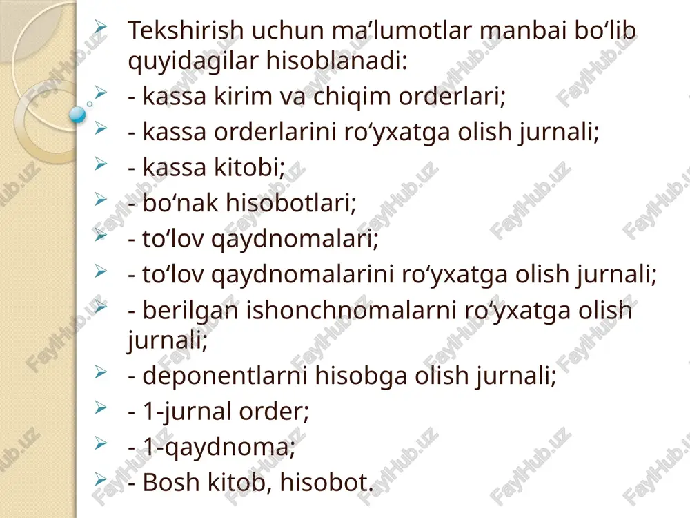 ashtirlganligini tekshirish; 3) bankdagi pul mablag’larini hisobga olish registrlari va bank ko‘chirmalaridagi mablag‘larining kirimi va chiqimi bo‘yicha aylanmalar hamda kun oxiridagi qoldiqning arifmetik to‘g‘riligini tekshirish; 4) bank ko‘chirmalaridagi va buxgalteriya hisobi registrlaridagi, buxgalteriya hisobi registrlaridagi va bosh kitobdagi yozuvlarning birbiriga to‘g‘riligini, shuningdek, bosh kitob va balans moddalaridagi qoldiqlarning bir-biriga mos kelishini tekshirish ichki nazorat jarayonida aniqlanadigan odatdagi xatolarga quyidagilar kiradi: - muomalalarni asoslovchi to‘lov hujjatlari ilovalarining yo‘qligi; - bank ko‘chirmalari yozuvlarining o ‘chirib to‘g‘rilanganligi; - qayta ishlash uchun qabul qilingan hujjatlarda bank muhrining yo‘qligi; - to‘lov hujjatlariga o‘zgartirish kiritilishi; - valyuta kursini noto‘g‘ri qayta hisoblash; - pul mablag’lari harakatini aks ettiruvchi schyotlar korrespondensiyasining noto‘g‘riligi; - hisoblashishning akkreditiv shaklidagi buzilishlar pul mablag‘lari auditining asosiy maqsadi: korxona kassasidagi milliy (5010) va xorijiy valyutadagi (5020) naqd pul mablag‘larini,bankdagi hisob-kitob (5110), valyuta (5200) schyotlari va boshqa maxsus (5500), pul ekvivalentlari (5610) hamda yomdagi pul (o'tkazmalari) mablag‘lari (5710) schyotlariga doir muomalalami auditorlik tekshiruvidan o'tkazib, moliyaviy …