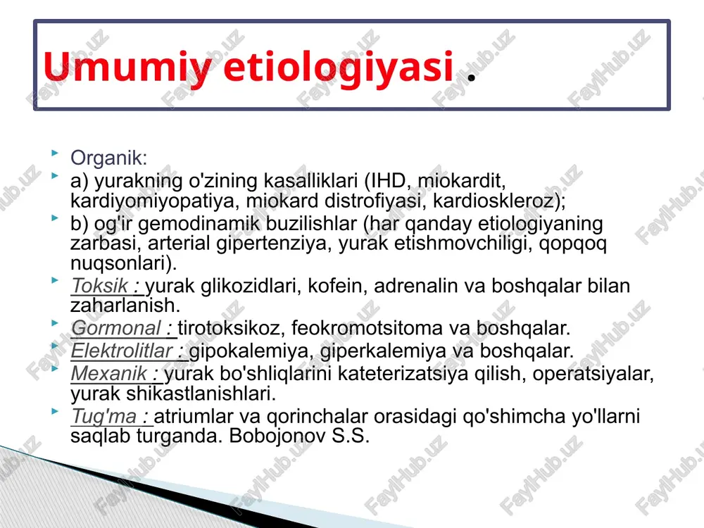 ritm sinus tugunlari) chastota bilan daqiqada 100 dan ortiq yurak urishi . hr-100 daqiqadan ko'proq . a. fiziologik st . b. adekvat emas. sinus taxikardiyasi ekg bu yurak urish tezligini (hr) daqiqada 60 martadan kamroq kamaytirish shaklida yurak tezligining sekinlashishi. bu holat fiziologik (normaning varianti, tananing xususiyati) va patologik (tanadagi buzilishlarni ko'rsatadi) bo'lishi mumkin. sinus bradikardiyasi ekg pp o'rtasidagi farq yosh kattalardagi me'yorning 10% dan ko'prog'ini tashkil etganda, v ohangining oshishi bilan sinus yurak siklining davriy o'zgarishi . nerv nafas olish va nafas olmaslikni farqlang sinus aritmiyasi sinoatriyal tugunning avtomatizm funktsiyasining zaiflashishi yoki to'xtashi natijasida kelib chiqqan aritmiya. sssu bilan sinus tugunidan atriyaga impulsning shakllanishi va o'tkazilishi buziladi, bu yurak tezligining pasayishi (bradikardiya) va birga keladigan ektopik aritmiyalar bilan namoyon bo'ladi. har ikki jinsdagi keksa bemorlar (60-70 yoshdan oshgan) azoblanadi, garchi sssu bolalar va o'smirlarda ham uchraydi, birlamchi (organik) yoki ikkilamchi (patologik vegetativ ta'sirlar tufayli) sssu mavjud. kuchsiz sinus sindromi …