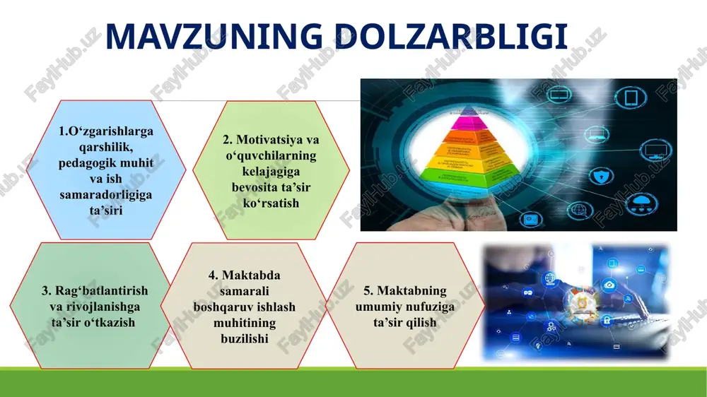 arini baholash va ularga mos ish berish 2. o`zbekistonda o‘qituvchilarning o‘zgarishlarga moslashishlarini seminarlar o`quvlar tashkil etish orqali osonlashtiradi. angliya ta’lim tizimida o`zgarishlarga qarshiliklarni bartaraf qilish uchun maxsus trening psixalogik qo`llab-quvatlash taqdim etiladi. samarali ish uchun tegishli mukofot bo‘lishini ta’minlash (vazirlar mahkamasining 2019-yil 22 apreldagi 343-sonli qaroridan kelib chiqib) 3. o‘zbekistonda maktab rahbarlari tomonidan tashabbuslarning muhimligi va dolzarbligi haqida tushuntirish ishlari olib boriladi. germaniyada. xodimlarga qarshilikni bartaraf etish uchun kichik o'zgarishlar bosqichidan boshlab, asta-sekin katta o'zgarishlarga o'tiladi. bu yondashuv xodimlarga o'zgarishlarga moslashish uchun vaqt beradi va qarshilikni kamaytiradi vaziyat talablariga muvofiq keluvchi rahbarlik uslublaridan foydalanish. demokratik yoki transformatsion rahbarlik uslublarini qo‘llash xulosa qilib aytganda, jamoani boshqarishda asosiy e’tibor insoniy omillarga qaratilishi lozim. jamoa a’zolari oʻzlarini qadrlangan va qoʻllab-quvvatlangan his qilsalar, bu ularning ish samaradorligiga ham, umumiy muhitga ham ijobiy ta’sir qiladi. xulosa 1 ikki yoqlama kommunikatsiya va xodimlar uchun axborotlardan foydalanish xodimlarning qobiliyatlari, ehtiyojlari va moyilliklarini baholash va ularga mos ish …