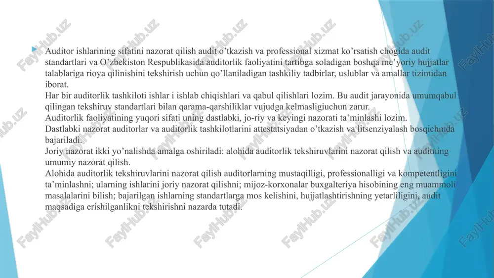 shi ustidan nazorati quyi-dagilar vositasida amalga oshiriladi: mijoz-korxonada audit o’tkazish umumiy rejasi va dasturining asoslanganligini muhokama qilish va tekshirish; tashkiliy-axloqiy auditorlik printsiplariga (xususan, mijoz-korxonaga professional xizmat ko’rsatgan (maslahat bergan yoki uning buxgalterlik hisobini yo’lga qo’ygan) auditor, yana o’sha korxonani tekshirishga yuborilmasligi va sh.o’.) qat’iy rioya qilinishi; asosiy auditor tomonidan tekshiruv o’tkazilib, auditorlik xulosasi berilganidan so’ng auditorlik tashkilotining boshqa auditori tomonidan mijoz-korxona hisobotining ishonchliligini qaytadan, mijoz uchun bepul, tekshiruvdan o’tkazish. tashqi nazorat amaldagi qonunchilik va me’yoriy hujjatlarga muvofiq davlat organlari tomonidan amalga oshiriladi. auditor ishlari sifatini nazorat qilish ikkita asosiy yo’nalishga ega: ayrim auditorlik tekshiruvlarini nazorat qilish. sifatni umumiy nazorat qilish. ayrim auditorlik tekshiruvlarini nazorat qilish quyidagi tushunchalarni o’z ichiga oladi: vakolatlarni berish. auditorlarning mustaqilligini, professionalligini va kompetentliligini ta’minlash; auditorlar uchun zarur hisoblangan faoliyat erkinliklarini ta’minlash; auditning yozma dasturidan foydalanishi. nazorat. auditorlar ishlarining joriy nazoratini ta’minlash; tegishli tarzda (adekvat) ish tutish uchun xo’jalik yurituvchi subekt buxgalterlik hisobining eng muammoli masalalarini bilish. …