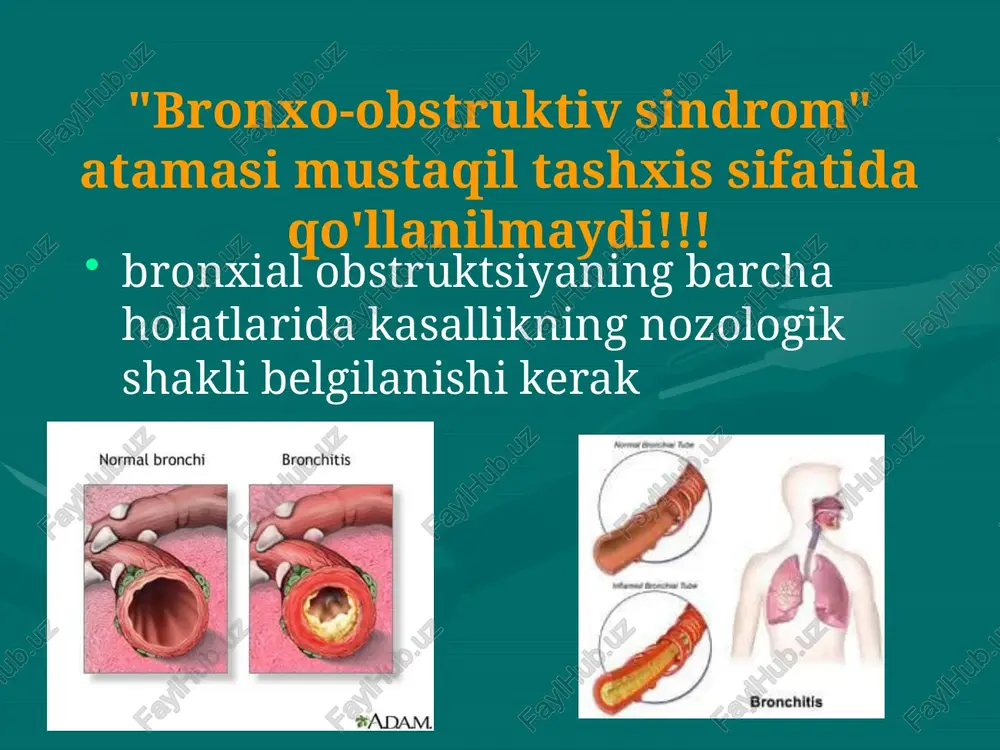 di bolalarda og'ir bronxobstruktiv sindromni davolash algoritmi b2 -agonist yoki berodualni nebulizer orqali inhalatsiya qilish , birinchi soatda har 20 daqiqada bitta dozadan nebulizer orqali budesonid (pulmicort) inhalatsiyasi so2 > 95% ga yetguncha kislorod inhalatsiyasi mukolitiklarni inhalatsiyalash kontrendikedir ko'p miqdorda gidroksidi mineral suvlarni iching yaxshi javob har 6-8 soatda nebulizer orqali b2 -agonist yoki berodualni inhalatsiyalash mukolitiklarni inhalatsiyalash qoniqarsiz javob ingalyatsion b2 -agonist metilksantinlarni tomir ichiga yuborish gcs tizimi infuzion terapiya kislorod inhalatsiyasi yaxshi javob yomon javob reanimatsiyaga o'tkazish ivl bronxo-obstruktiv sindromni davolash yallig'lanishga qarshi terapiya mahalliy yoki tizimli glyukokortikosteroidlar bronxo-obstruktiv sindromni davolash bronxo-obstruktiv sindromni davolash 23 image1.jpg image2.jpg image3.gif image4.png image5.png /docprops/thumbnail.jpeg