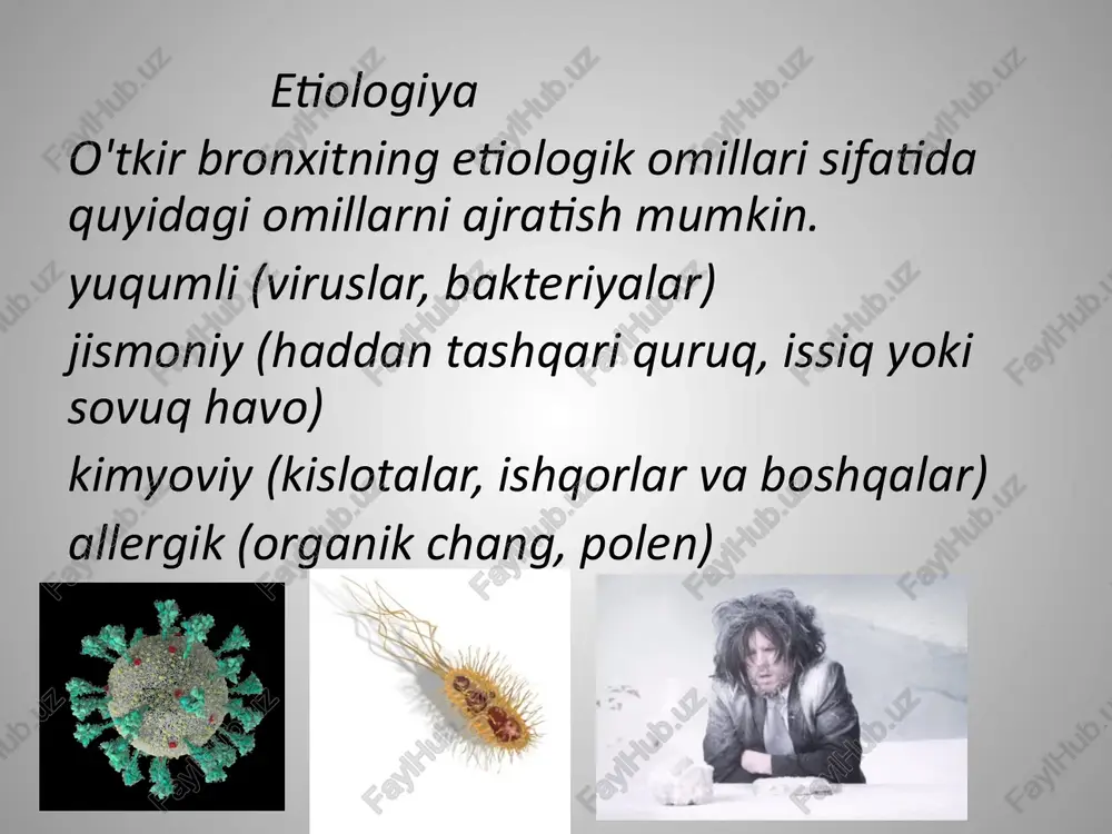 in. buning sabablari bakterial superinfektsiya, agressiv viruslar bilan infeksiya bo'lishi mumkin. distal bronxit bilan og'ir uzaygan kurs kuzatiladi. o'tkir bronxitning bu shakli ko'pincha surunkali bronxitga aylanadi. o’tkir bronxit asoratlari bronxopnevmoniya o'tkir o'pka o'pkasi surunkali shaklga o'tish. laboratoriya va instrumental tadqiqotlar. uqt: engil neytrofil leykotsitoz va echtda engil o'sish bo'lishi mumkin. bt: c-reaktiv oqsilning paydo bo'lishi, sialik kislotalarning ko'payishi mumkin. ust: odatda patologiya yo'q. balg'amning umumiy tahlili: yiringli bronxit bilan ko'p miqdorda leykotsitlar aniqlanadi. o'tkir bronxitda rentgenologik o'zgarishlar ko'pincha kuzatilmaydi. shu bilan birga, bir qator hollarda, peribronxial shish tufayli o'pka naqshining ko'payishini, shuningdek infektsiyaga reaktsiya tufayli o'pka ildizlarining kengayishi va noaniqligini aniqlash mumkin. o’tkir bronxitni davolash. davolash ko'pincha ambulatoriya sharoitida amalga oshiriladi. istisno - og'ir intoksikatsiya va jiddiy bir vaqtda (o'pka, yurak -qon tomir) patologiyasi bo'lgan bemorlar. davolash asosan simptomatikdir: 1. antipiretik, og'riq qoldiruvchi vositalar: analgin asetilsalitsil kislotasi paratsetamol 0,5 g - kuniga 3 marta va boshqalar) 2. vitaminlar, ayniqsa c …
