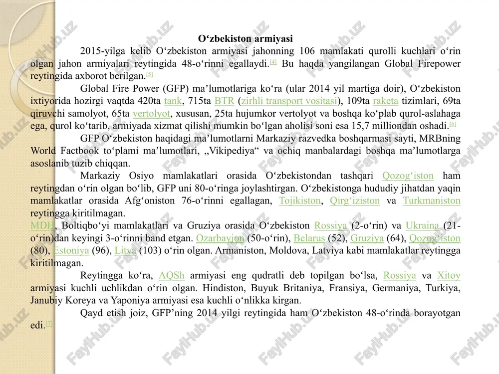 kabi mamlakatlar reytingga kiritilmagan. reytingga koʻra, aqsh armiyasi eng qudratli deb topilgan boʻlsa, rossiya va xitoy armiyasi kuchli uchlikdan oʻrin olgan. hindiston, buyuk britaniya, fransiya, germaniya, turkiya, janubiy koreya va yaponiya armiyasi esa kuchli oʻnlikka kirgan. qayd etish joiz, gfp’ning 2014 yilgi reytingida ham oʻzbekiston 48-oʻrinda borayotgan edi.[7] huquqiy asos oʻzbekiston respublikasining „oʻzbekiston respublikasi davlat mustaqilligining asoslari toʻgʻrisida“gi qonuni hamda 1991-yil 30 dekabrdagi mustaqil davlatlar hamdoʻstligi kengashining qurolli kuchlari va chegara qoʻshinlari haqidagi minsk qarori asosida 1992-yil 1-fevraldan sobiq ittifoq tizimidagi qoʻshinlarni mablagʻ bilan taʼminlanishi toʻxtatilishini inobatga olgan holda oʻzr oliy kengashi 1992-yil 10-yanvarda „oʻzbekiston respublikasi hududida joylashgan sssr ichki ishlar vazirligining harbiy qismlari va oʻquv muassasalarini oʻzbekiston respublikasi tasarrufiga olish toʻgʻrisida“, 14-yanvarda „oʻzbekiston respublikasi hududida joylashgan harbiy qismlar va harbiy oʻquv muassasalari toʻgʻrisida“ qarorlar qabul qildi. unda oʻzr hududida joylashgan sobiq ittifoqqa qarashli ichki ishlar va mudofaa vazirligining qismlari, birlashmalari, qoʻshilmalari, oliy oʻquv yurtlari, harbiy tuzilmalari mamlakatning qonuniy tasarrufiga …