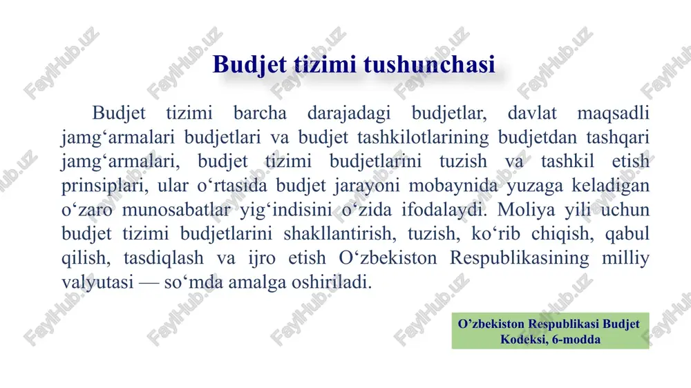 04 budjet jarayoni, odatda, budjet faoliyatining quyidagi to‘rt bosqichini o‘z ichiga oladi. budjet jarayonini amalga oshiruvchi umumdavlat organlarining vakolatlari moliya vazirligi hisob palatasi vazirlar maxkamasi oliy majlisi budjet loyihasini ko‘rib chiqadi va tasdiqlaydi davlat budjeti loyihasini tayyorlash jarayonini koordinasiya va nazoratini amalga oshiradi; budjet loyihasini keyingi moliya yili uchun oliy majlisga taqdim etadi. budjet loyihasini ko‘rib chiqadi va xulosasini beradi; davlat budjetining ijrosi to‘g‘risidagi hisobotga doir xulosa beradi. davlat budjetini tuzish va ijro etish davlat budjetining holati xarajatlarni daromaddan oshib ketishi daromadlarni xarajatlardan oshib ketishi budjet profitsiti budjet defitsiti daromad boj soliq xarajat mudofa sog’liqni saqlash ish haqqi xarajat ta’lim ish haqqi daromad boshqa daromadlar bosh soliq davlat budjeti daromadlari soliqlar va boshqa majburiy to‘lovlar; o‘zbekiston respublikasida amalda bo‘lgan soliqlar va majburiy to‘lovlar nosoliq daromadlar davlat aktivlarini joylashtirish, foydalanishga berish va sotishdan olingan daromadlar; meros, hadya huquqi bo‘yicha davlat mulkiga o‘tgan pul mablag‘lari; yuridik va jismoniy shaxslardan, shuningdek chet davlatlardan …