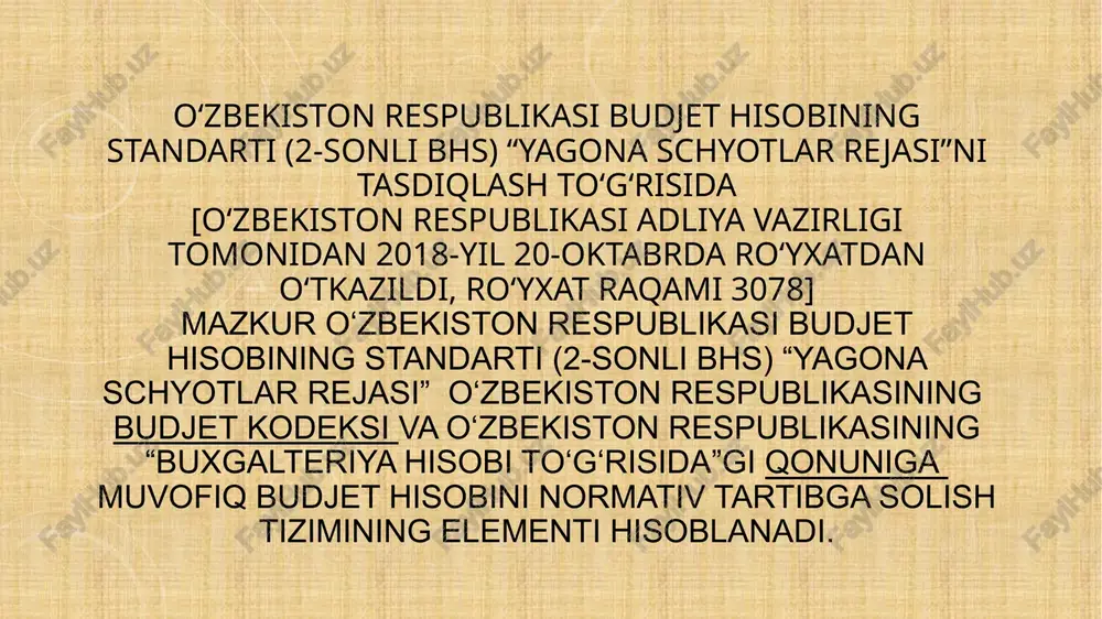 qa schyotlar bilan o‘zaro bog‘lanmaydi va budjet tashkilotining hisobotlarida aks ettirilmaydi; daromadlar bo‘yicha debitorlik — budjet tizimi budjetlarining va boshqa budjetdan tashqari jamg‘armalariga daromadlarni hisoblanishi asosida yuzaga keladigan debitorlik; ichki hisob-kitob markazlari — o‘zida g‘aznachilik bo‘linmalarining tegishli filiallari mablag‘larini hisobini yurituvchi, g‘aznachilik bo‘linmalarining bir filialini ichida hamda filiallari o‘rtasida to‘lovlarni amalga oshirilishini ta’minlovchi axborot tizimi; kassa metodi — buxgalteriya hisobida barcha operatsiyalar, daromadlar, xarajatlar va boshqa hodisalar, ular uchun pul va uning ekvivalentlari qabul qilinganida yoki to‘langanida qayd etiladigan buxgalteriya hisobi metodi; kontr-aktiv schyot (ka) — aktiv schyotning saldosidan chegiriladigan moliyaviy hisobotda aktivning sof qiymatini aks ettiruvchi schyot; kontr-passiv schyot (kp) — passiv schyotning saldosidan chegiriladigan moliyaviy hisobotda majburiyat yoki sarmoyaning sof qiymatini aks ettiruvchi schyot; passiv schyot (p) — bu majburiyat va sarmoyani aks ettirishga mo‘ljallangan schyot bo‘lib, unda majburiyat va sarmoyaning qoldig‘i va ko‘payishi schyotning krediti bo‘yicha, kamayishi esa debetida aks ettiriladi; sintetik schyot — budjet hisobi obyektlari …