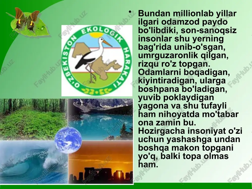 i asrab-avaylash, orol inqirozining atrof-muhitga, eng muhimi, bu yerda istiqomat qilayotgan yuz minglab va millionlab odamlar hayotiga halokatli ta'sirini kamaytirish bugungi kundagi eng muhim vazifa hisoblanadi». tabiat va inson o’rtasidagi munosabat ma’lum bir qonunlar orqali boshqariladi, ularga rioya qilmaslik ertami kechmi, albatta ekologik halokatga olib keladi. bu muammo o’zining insoniyatga keltirayotgan va keltirishi mumkin bo’lgan fojiali oqibatlari jihatidan yadro urushi halokatidan keyin ikkinchi o’rinda turadi. albatta, ilmiy-texnikaviy rivojlanish natijasida, turli soha ilm va texnologiyalarining taraqqiyoti, yangi energiya manbalari va kimyoviy moddalarning paydo bo’lishi, tabiiy resurslardan yovuzlarcha foydalanish natijasida havo, suv ifloslanadi, insoniyatni boquvchi yer yaroqsiz holga kelib, oqibatda uni yashash muhitidan mahrum etadi. ekologik ong va ekologik madaniyatning asosiy vazifasi xalqimiz ekologik madaniyatini oshirish orqali huquqiy fuqarolik jamiyati tamoyillari asosida tabiatdan foydalanishni yo’lga qo’yish, tabiatni muhofaza qilish sohasida davlat nazorati bilan bir qatorda jamoatchilik nazoratini kuchaytirish, xalqimiz ongi va madaniyatida ona vatanimiz tabiatiga bo’lgan mehr-muhabbatini oshirish, uni asrab-avaylash va kelgusi …