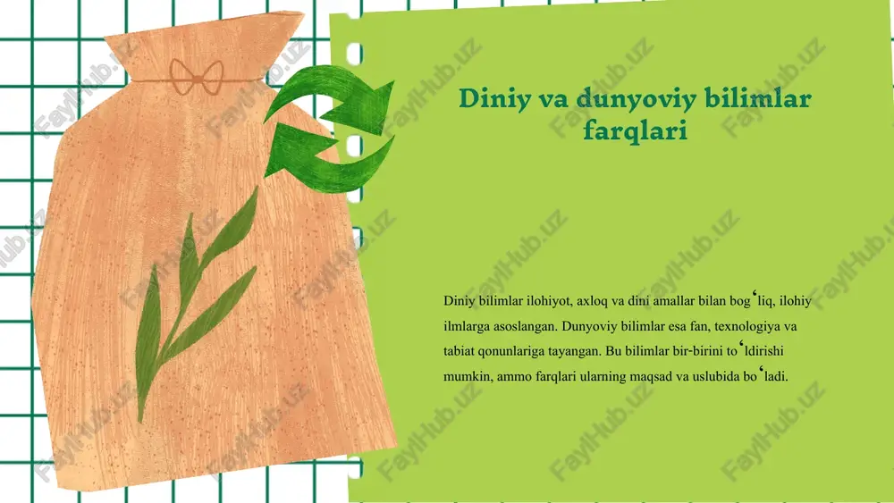 arga ta'sir qilishi mumkin, masalan, etika va adolat sohasida diniy qadriyatlar muhim. aksincha, dunyoviy bilimlar diniy tafakkurga yangi nuqtai nazarlar kiritishi mumkin. o'zaro ta'sir jamiyatda muvozanatni saqlash va rivojlanishni ta'minlash uchun muhim. bu munosabatlar yosh avlodlar uchun diniy va dunyoviy bilimlarni uyg'unlashtiradi. muvozanatni saqlashning ahamiyati muvozanat va ahamiyati diniy va dunyoviy bilimlar o'rtasidagi muvozanat shaxsiy va ijtimoiy hayotda muhim rol o'ynaydi. bu muvozanat insonning ruhiy barqarorligi va jamiyat rivojiga xizmat qiladi. muvozanatni saqlash uchun diniy va dunyoviy bilimlarni birgalikda rivojlantirish, vaqtni to'g'ri taqsimlash hamda o'z maqsadlariga mos keladigan bilimlarni tanlash tavsiya etiladi. diniy va dunyoviy bilimlar o'rtasidagi muvozanatni qanday ta'minlash diniy va dunyoviy bilimlar muvozanatini ta'minlash uchun ta'limda integratsiya va muvofiqlashtirish muhim. diniy bilimlar axloqiy va ma'naviy rivojlantiradi, dunyoviy bilimlar esa ilm-fan va texnologiyada rivojlanishni qo'llab-quvvatlaydi. o'qituvchilar va talabalar hurmat va tushunishni rivojlantirishi zarur. amaliy usullar sifatida, diniy va dunyoviy bilimlarni birlashtirgan dasturlar ishlab chiqish mumkin. masalan, etik qoidalar va …