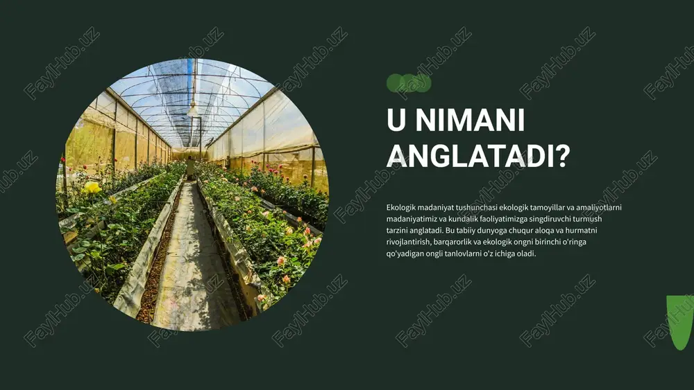 dan foydalanadi va yashil binolar dizayni va texnologiyalarini o'z ichiga oladi. shahar, shuningdek, elektr transport vositalari va shaxsiy tezkor tranzit tizimi bilan barqaror transportni targ'ib qiladi. loyiha barqaror shahar hayoti uchun modelni muvaffaqiyatli yaratdi va xalqaro e'tiborni tortdi. 2. kosta-rika qayta tiklanadigan energiya tashabbusi: kosta-rika qayta tiklanadigan energiya manbalariga o'tishda sezilarli yutuqlarga erishdi. 2017 yilda mamlakat gidroenergetika, shamol, geotermal va quyosh energiyasi kombinatsiyasi bilan yil davomida 98% qayta tiklanadigan energiyadan foydalandi. hukumat qayta tiklanadigan energiya ishlab chiqarishni rag'batlantirish siyosatini amalga oshirdi va toza texnologiyalarga investitsiyalarni jalb qildi. bu tashabbus nafaqat issiqxona gazlari chiqindilarini kamaytirdi, balki mamlakat iqtisodini yuksaltirdi va qayta tiklanadigan energiya sohasida ish o‘rinlarini yaratdi. rahmat! siz uchun foydali bo’ldi deb umid qilaman image1.jpeg image2.png image3.svg image4.jpeg image5.png image6.svg image7.jpeg image8.jpeg image9.jpeg image10.jpeg image11.jpeg image12.jpeg image13.jpeg image14.jpeg image15.jpeg image16.jpeg image17.jpeg image18.png image19.svg image20.jpeg /docprops/thumbnail.jpeg