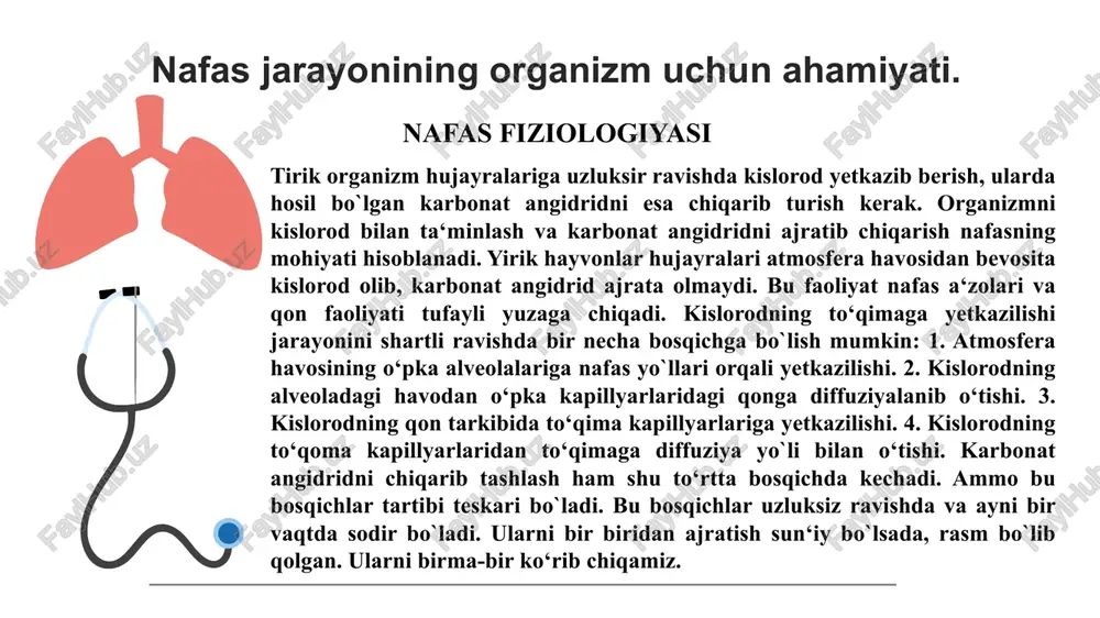 iligini, diafragma jigar, me‘da ichaklarni pastga surganda bu a‘zolar va qorin devori qarshiligini yengadi. nafas olish muskullari boshashishi bilanoq, bu kuchlar kengaygan ko‘krak qafasini passiv holda kichraytiradi. nafas kuch bilan chiqariladigan bo`lsa, bu kuchlarga asosiy nafar chiqarish muskuli – ichki qovurg‘alararo muskullar hamda yordamchi nafas chiqarish muskullari - orqadagi ichki tishli muskullar va qorin muskullarining qisqarishi qo‘shiladi. ko‘krak bo‘shlig‘i hajmi odatdagidan ko‘proq kichrayadi. qovurg‘alararo muskullarni qovurg‘alararo nervlar, diafragmani orqa miyaning 3-5 bo‘yin segmentlaridan chiqadigan diafragma nervi nervlaydi. nafas vaqtida o’pka hajmining o’zgarishi, plevra bo’shlig’idagi va alveolalardagi bosim o‘pkada muskullar bo`lmaganidan (faqat bronxlada bir oz silliq muskul tolalari bor), u mustaqil harakat qila olmaydi. ammo nafas olib, nafas chiqarilganda o‘pka ko‘krak qafasi bilan bir vaqtda kengayib-taratib turadi. atmosfera bosimi o‘pkaga faqat ichkaridan nafas yo`llari orqali ta‘sir ko‘rsatadi. uning kuchi o‘pkani kengaytirib, ko‘krak qafasining ichki yuzasiga yopishtiradi. visseral va periyetal plevarlar oralig‘ida maxsus suyuqlik bo`lgani uchun, ular bir-birining yuzasida sirpanuib, erkin harakat …