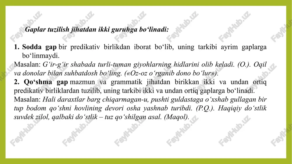 r bosh bo‘lakli gap shaxsi umumlashgan gap deyiladi. bunday gaplarda hayotiy xulosalar, hayotiy tajribalar, umumiy qoidalar, umumlashgan mulohazalar ifoda qilinadi. bilmagan ishga urinma, urinib tuzoqqa ilinma. tulkining tavbasidan qo‘rq, mug‘ambirning - yig‘isidan. kattani katta bil, kichikni –kichik! 2. egasi topilmaydigan gap kesimi orqali harakatni bajaruvchi shaxs (ega)ni topish mumkin bo‘lmagan bir bosh bo‘lakli gap egasi topilmaydigan yoki shaxssiz gap deyiladi. bunday gaplarda egani kiritib ham bo‘lmaydi, gapning kesimi orqali aniqlab ham bo‘lmaydi. momaqaldiroqning gumburiga chidab bo‘lmaydi. – nima endi, haq gapni ham gapirib bo‘lmaydimi? - ... so‘radi u. shu tor yo‘ldan afg‘onistonga o‘tsa bo‘ladi. 3. nominativ (atov) gap bosh kelishikdagi ot yoki otlashgan so‘z bilan ifodalanib, predmet yoki voqea-hodisalarning hozirgi zamonda yoki zamondan tashqarida mavjudligini tasdiqlovchi bir bosh bo‘lakli gap nominativ, yoki atov gap deyiladi. yaproqlar... yaproqlar! quyosh shu’lasida jilva urib, cho‘g‘dek tovlanib turgan oltinrang va shafaqrang yaproqlar cho‘l! ... cho‘lning ham o‘z gashti bor, zavqi bor! tanish ko‘cha. yo‘l …