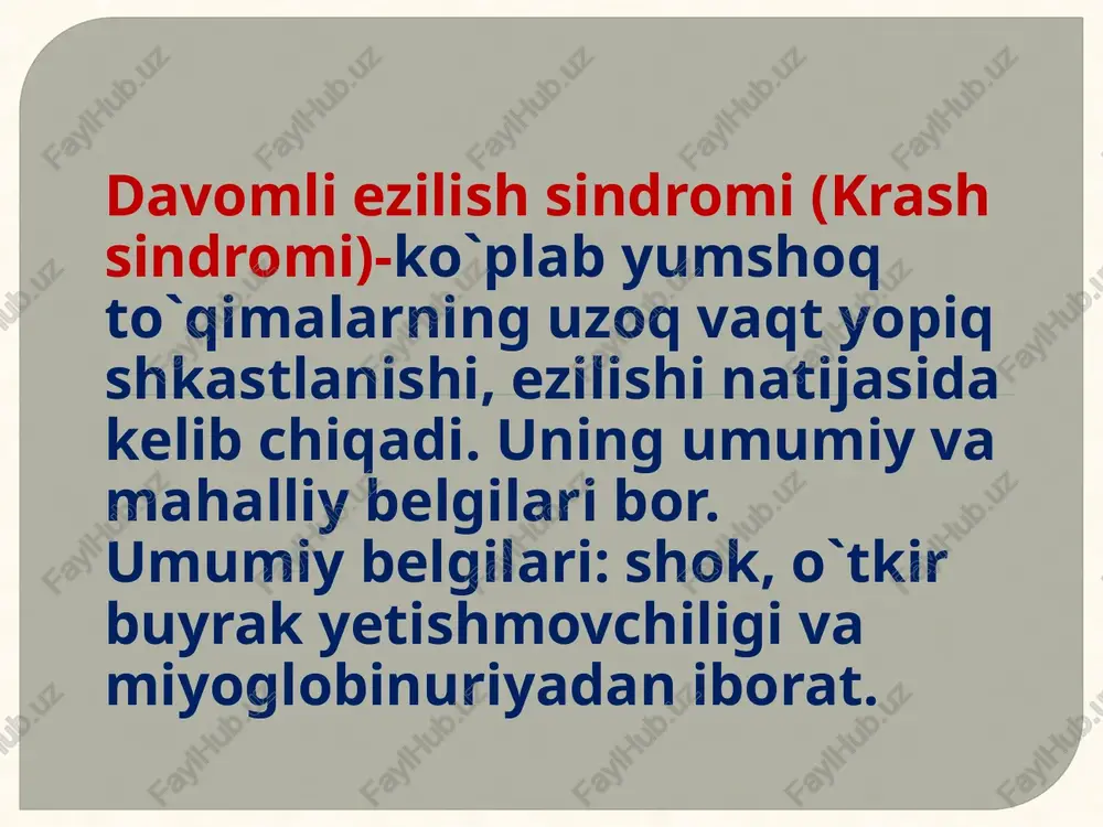 ar: o’q tekkan joydagi yallig’lanish belgilari tushuniladi. odatda pulmonitlar biror bir belgisiz kechadi. ayrim hollarda pulmonitlar o’zi alohida kasallik manbayi bo’lishi mumkun. qon quyilishlar: bosh va ko’krak qafasi shikastlanganda o’pkaga qon quyilish kuzatiladi. o’q tekkan joylarga bazan zararlanmagan joylarga qon quyilib bemorni ko’krak qafasida kuchli og’riq bo’lishi yo’tal tutishi, hansirash, qon tupirish belgilari bilan kechadi. o’pkaga qon quyilish belgilari rentgen, ultra tovush yordamida lekin bu asboblardan jang maydonida foydalanib bo’lmaydi. bunday yaradorlarda o’pkaning qon quyilgan joyi ustiga urib ko’rilganda qisqa tovush eshitiladi, eshitib ko’rilganda nafas pastligi seziladi. atelektaz: o’pka to’qimasida qon quyilishi natijasida atelektazlar kelib chiqadi. buning sababi qon quyilgan joydan bronxlarga chiqishi yoki mayda bronxlar hamda o’pka to’qimasini qon bilan dimlanib qolishidir . zotiljam: birlamchi jarohatlanish bilan bog’liq bo’lgan o’pkaning shikastlanishi va o’pkaga o’q orqali yuqumli infeksiyalar kirishidan yuzaga keladi. o’pkaning yallig’lanishiga ko’p qon yo’qotish, sovuq urish, vitaminlar yetishmasligi, holsizlik sabab bo’lgan. o’pkadagi yiringlik jarayonlar: o’pkaga jarohat orqali mikroplar …