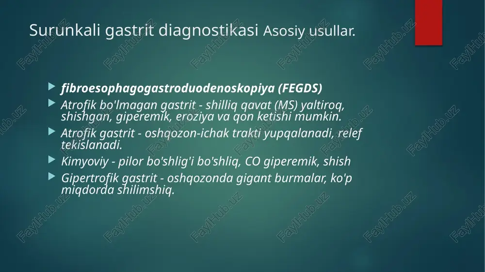 iopsiyasi bilan. 16 hcg davolash tamoyillari . ambulatoriya, og'ir alevlenmeler va differentsial davolash zarurati uchun. diagnostika - statsionar. keng qamrovli: turmush tarzini normallashtirish, ovqatlanish, dori-darmonlarni qabul qilish, stressdan qochish, psixoterapiya. diet: oshqozonni mexanik, kimyoviy, termal himoya qilish (alevlenme paytida). dozaj kuniga 5-6 marta. chekishni, spirtli ichimliklarni tashlash nsaid va boshqa tirnash xususiyati beruvchi ta'sir ko'rsatadigan dorilarni to'xtatish. 17 hp bilan bog'liq surunkali gastritning farmakoterapiyasi antisekretor dorilar : h2 blokerlari, proton nasos blokerlari - ranitidin 0,15 - 2 marta, famotidin 0,04 - 1 marta / kun, omeprazol, lansoprazol 0,02 1-2 marta / kun h. pylori yo'q qilish ) - pastga qarang dvigatel regulyatorlari (prokinetika): dopamin retseptorlari blokerlari - metoklopramid (tserukal, raglan) 0,01 - 3 r./kun, motilium 0,01 - 3 r./kun. 18 antisekretor dorilar 19 eradikatsion terapiya - hpni yo'q qilish choralari samarali eradikatsiya terapiyasi uchun maxsus uch va to'rt martalik rejimlar qo'llaniladi, jumladan antisekretor preparat, 2 ta antibiotik va asosiy sitoprotektiv …