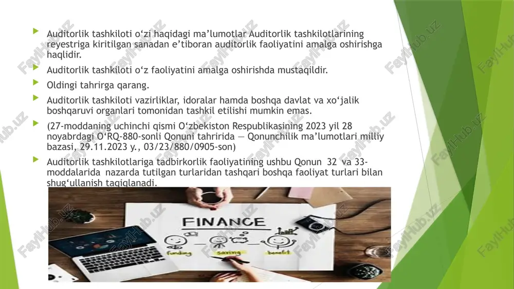 a o‘xshash bo‘lgan belgilarni o‘z ichiga olmasligi kerak. o‘zi haqidagi ma’lumotlar tadbirkorlik subyektlarining yagona davlat reyestriga kiritilgan sanadan e’tiboran uch oy davomida u to‘g‘risidagi ma’lumotlar auditorlik tashkilotlarining reyestriga kiritilmagan tijorat tashkiloti o‘z nomida «auditorlik tashkiloti» degan so‘z birikmasidan foydalanishga haqli emas. auditorlik tashkiloti auditorlik tashkilotlarining reyestridan chiqarilgan taqdirda, auditorlik faoliyatini amalga oshirishga va firma nomida «auditorlik tashkiloti» degan so‘z birikmasidan foydalanishga yo‘l qo‘yilmaydi. auditorlik tashkiloti: ushbu qonun, auditorlik faoliyatining standartlari va professional buxgalterning odob-axloqi kodeksi talablariga rioya etishi; jinoiy faoliyatdan olingan daromadlarni legallashtirishga, terrorizmni moliyalashtirishga va ommaviy qirg‘in qurolini tarqatishni moliyalashtirishga qarshi kurashish to‘g‘risidagi qonunchilik talablariga rioya etishi; auditorlarga (auditorga) ustav fondidagi (ustav kapitalidagi) tegishli ulush kamida ellik bir foiz bo‘lishini ta’minlashi (bundan auditorlik tashkilotini — chet el auditorlik tashkilotining filiali yoki shu’ba xo‘jalik jamiyatini tashkil etish hollari mustasno); shtatida asosiy ish joyi auditorlik tashkiloti bo‘lgan kamida to‘rt nafar auditor mavjud bo‘lishini ta’minlashi; auditorlarning yilda bir marta malaka oshirish kurslaridan …
