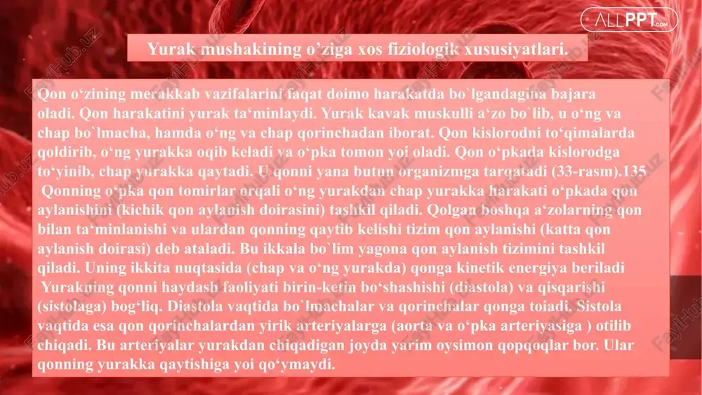imob ustunining 5-8 mm gacha ko‘tariladi. bo`lmachalarning sistolasi tugagach, qorinchalar sistolasi boshlanadi. uning davomiyligi 0,33 s. qorinchalar sistolasi bir necha davr va bosqichlarga bo`linadi. qorinchalar sistolasining boshlanishiga miokard tolalarining taranglashishi xosdir. 0,08 s davom etuvchi bu davr tarannglashish davri, deyiladi. u tolalarning asinxron qisqarishi bilan boshlanadi. asinxron qisqarish bosqichi 0,05 s davom etadi. tolalarning bir qismi qisqarib, qolganlari bo‘shashganidan, asinxron qisqarish bosqichida qorinchalar bo‘shlig‘idagi bosim taxminan 0 ga teng bo`ladi. qo‘zg‘alish hamma tolalarga tarqalib, ularni ham qisqartirganda, qorinchalardagi bosim keskin ortadi va chap qorinchada 70-90 mm. s. u. gacha, o‘ng qorinchada 15-20 mm s.u. gacha ko‘tariladi. bosimning bu o‘zgarishi 0,03 s davom etuvchi izometrik qisqarish bosqichida kuzatiladi. bosimning qorinchalar bo‘shlig‘ida oshishi natijasida atrio-ventrikulyar qopqoqlar tezda yopiladi. ayni vaqtda yarim oysimon qopqoqlar ham yopiq bo`ladi. demak qorinchalar bo‘shlig‘i berk bo`lganidan undagi qonning hajmi o‘zgarmaydi. qisqarish izometrik turda bo`lgani uchun tolalarning tarangligi ortadi va qon bosimo chap qorinchada 120 mm s.u. gacha, …