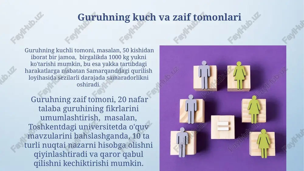aniqroq ifoda etishlarini his qilishadi. guruh a'zolari o'rtasidagi o'zaro bog'liqlik, masalan, 5 kishilik bir jamoaning samaradorligi, 20 kishilik jamoaga nisbatan ancha yuqori bo'lishi mumkin, chunki kichik guruhlar samarqanddagi kabi yaqin aloqalarni osonroq o'rnata oladilar. guruhning rivojlanish bosqichlari amerika sotsiologi kurt levinning tadqiqotlari 3 asosiy guruh tuzilishi (demokratik, avtoritar, laxezik)ni aniqladi. 1940-yillarda oʻtkazilgan tajribalar guruh samaradorligiga rahbarlik uslubining ta'sirini koʻrsatdi. guruh rivojlanishining muvaffaqiyati 2 omilga bogʻliq: a'zolarning maqsadlarga qaratilganligi va moskva kabi yirik shaharlarda boʻlgan guruh ijtimoiy muhitining ta'siri. effektiv aloqa ham muhim ahamiyatga ega. jamiyatdagi guruhning ta'rifi jamiyatda 30 dan ortiq odamni o'z ichiga olgan ijtimoiy guruh, masalan, toshkentdagi futbol muxlislari guruhi, umumiy maqsad va qadriyatlar bilan birlashgan bo'lib, ularning ijtimoiy xulq-atvoriga sezilarli ta'sir ko'rsatadi. oila, 2-3 avlodni o'z ichiga olgan asosiy ijtimoiy guruh, samarqand viloyatida keng tarqalgan bo'lib, an'anaviy qadriyatlarni saqlash va ijtimoiy barqarorlikni ta'minlashda muhim rol o'ynaydi. ijtimoiy guruhning funksiyalari ijtimoiy guruhlar, masalan, oʻzbekistonning 12 viloyatida yashovchi dehqonlar …