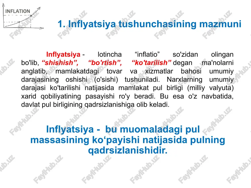 oti o‘tkazishga majbur bo‘ldi. pul islohoti paytida 1 yangi marka 1 trln. eski markaga almashtirildi. inflyatsiyaning turlari 7. lokal (mahalliy) inflyatsiya alohida olingan bitta davlatda yoki bitta yaxlit hududda yuzaga kelgan inflyatsiya lokal (mahalliy) inflyatsiya deyiladi. 8. jahon inflyatsiyasi bir vaqtning o‘zida bir nechta mamlakatda yuz beradigan inflyatsiya jahon inflyatsiyasi deyiladi. inflyatsiyaning turlari 9. eksport qilinadigan inflyatsiya bunda inflyatsiya tovarlarning bahosi tarkibida eksport qiluvchi mamlakatdan import qiluvchi mamlakatga kirib keladi. natijada, tovarlarni import qiluvchi mamlakatning milliy daromadining bir qismi eksport qiluvchi mamlakatning foydasiga qayta taqsimlanadi. 1985 yilda aqsh va yaponiya o‘rtasida yuzaga kelgan savdo urushining asosiy sabablaridan biri inflyatsiya darajalari o‘rtasidagi farq edi. chunki, o‘sha davrda inflyatsiya darajasi aqshda yaponiyaga nisbatan baland edi. shunda yaponiya 19 mlrd. dollar miqdoridagi tovarlarni aqshdan import qilishdan bosh tortgan edi. inflyatsiyaning turlari 11. import qilinadigan inflyatsiya bunda inflyatsiya tovarlarning bahosi tarkibida tovarlarni eksport qiluvchi mamlakatdan ularni import qiluvchi mamlakatga kirib keladi. 12. yashirin inflyatsiya …