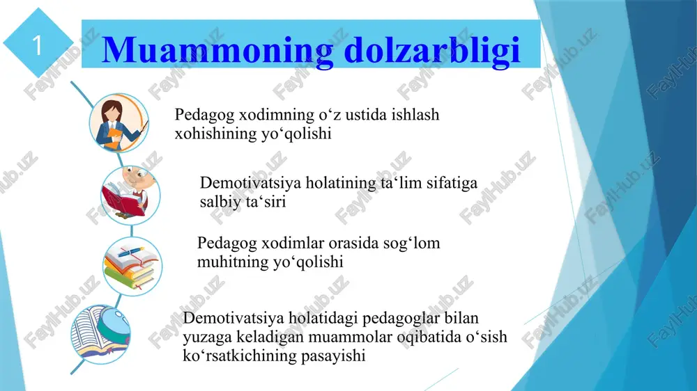 ketish holatlari uchraydi.buning sababi kam ish haqi va qog‘ozbozlik hamda ota – onalar bilan o‘qituvchilar o‘rtasidagi nizolar va erkinlikning yo‘qligidir. qiyosiy tahlil № amaldagi holat (o’zbekistonda) amaldagi holat (xorijda) taklif 1 ayrim ta'lim muassasi rahbarlar tomonidan o‘z kasbi va lavozimiga nisbatan loqaytsizligi,xodimlarga nisbatan adolatsizligi, jamoada sog‘lom muhitni shakllantira olmaganligi, rahbarning o‘zi xodimlarining huquq va erkinliklarini hurmat qilmasligi,xodimlar oldida o‘z majburiyatlarini bajarmasligi angliya maktablarida xodimlar, o‘qituvchilar va o‘quvchilarning qobiliyatlari va iqtidorlarini amaliyotda qo‘llashlariga e’tibor qaratib, ularni doimiy rag‘batlantirish va o‘zlarini rivojlantirishga imkoniyat yaratib beradi. zamonaviy rahbar demotivatsiyaga ega bo‘lgan xodimlarga o‘zi namuna bo 'lgan holda ijobiy munosabatda bo‘lishi va motivatsiya berib xodimni qo‘llab-quvvatlab jamoaning bir bo‘lagi ekanligini bildirgan holda kasbiy rivojlanishida amaliy yordam berishi kerak. 2 2+2 otm da tahsil olayotgan talaba 2-kursni tugatib ishga qabul qilinadi. yaponiya maktablarida o‘qituvchilarga qo‘yilgan talab juda yuqori pedagogni hurmati vazir darajasida hisoblanadi. o‘quvchilarni oila a’zolari tomonidan o‘qituvchiga bosim bo‘lmaydi. yosh o‘qituvchilar 10 yillik staji …