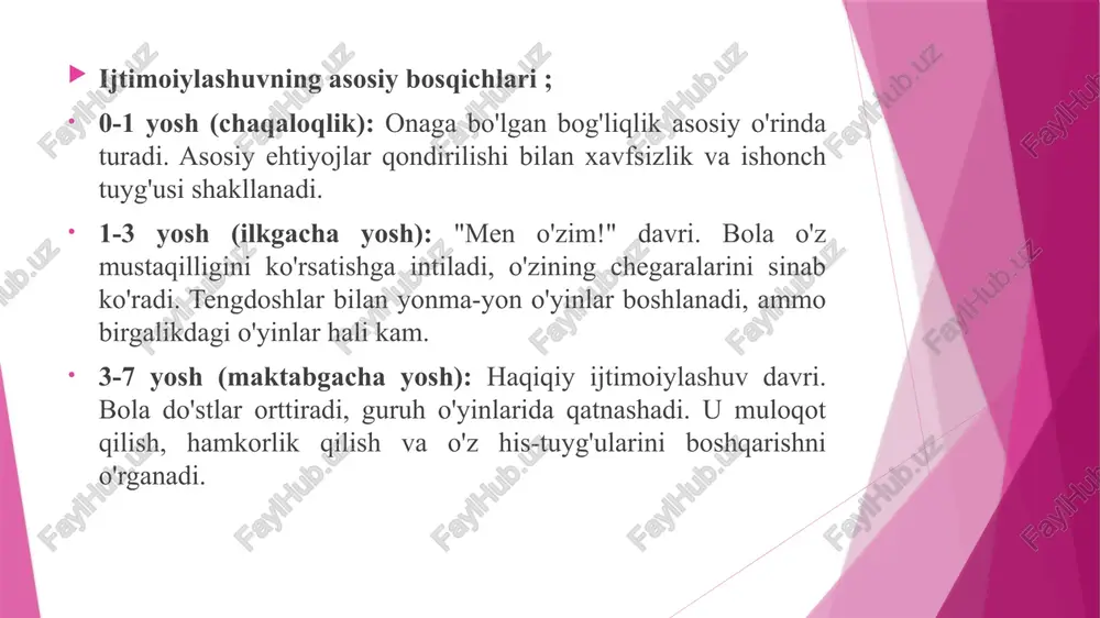 mil ijobiy yoki salbiy ta'sir ko'rsatishi mumkin, chunki u bolani turli xil ijtimoiy stereotiplar va qadriyatlar bilan tanishtiradi. yordamchi omillar atrof-muhit: bola yashaydigan mahalla, shahar yoki qishloqning ijtimoiy-madaniy xususiyatlari uning ijtimoiylashuv jarayoniga ta'sir qiladi. maktab: maktab o'quvchilarga nafaqat bilim beradi, balki ularni rasmiy qoidalar va ijtimoiy intizomga o'rgatadi. jamoatchilik tashkilotlari: sport klublari, san'at to'garaklari va boshqa jamoaviy faoliyatlar bolaning ijtimoiy aloqalarini kengaytiradi. bu omillarning har biri bolaning ijtimoiylashuviga o'ziga xos hissa qo'shadi va uning kelajakdagi ijtimoiy hayoti uchun mustahkam poydevor yaratadi. ijtimoiylashuvning koʻrinishlari ; emotsional rivojlanish; bola o'z his-tuyg'ularini (xursandlik, xafalik, g'azab) tushunish va ularni toʻgʻri ifodalashni o'rganadi. boshqalarning hissiyotlarini ham anglay boshlaydi va ularga nisbatan empatiya (hamdardlik) tuyg'usini rivojlantiradi. bu esa boshqalar bilan mustahkam munosabatlar o'rnatishga yordam beradi. muloqot ko'nikmalari; bolaning lug'at boyligi oshib, u o'z fikrlarini, xohish-istaklarini va savollarini aniqroq ifodalay oladi. u tinglash, savol berish va suhbatdoshining so'zlarini tushunish kabi muhim muloqot koʻnikmalarini egallaydi. bu ko'nikmalar maktabdagi …