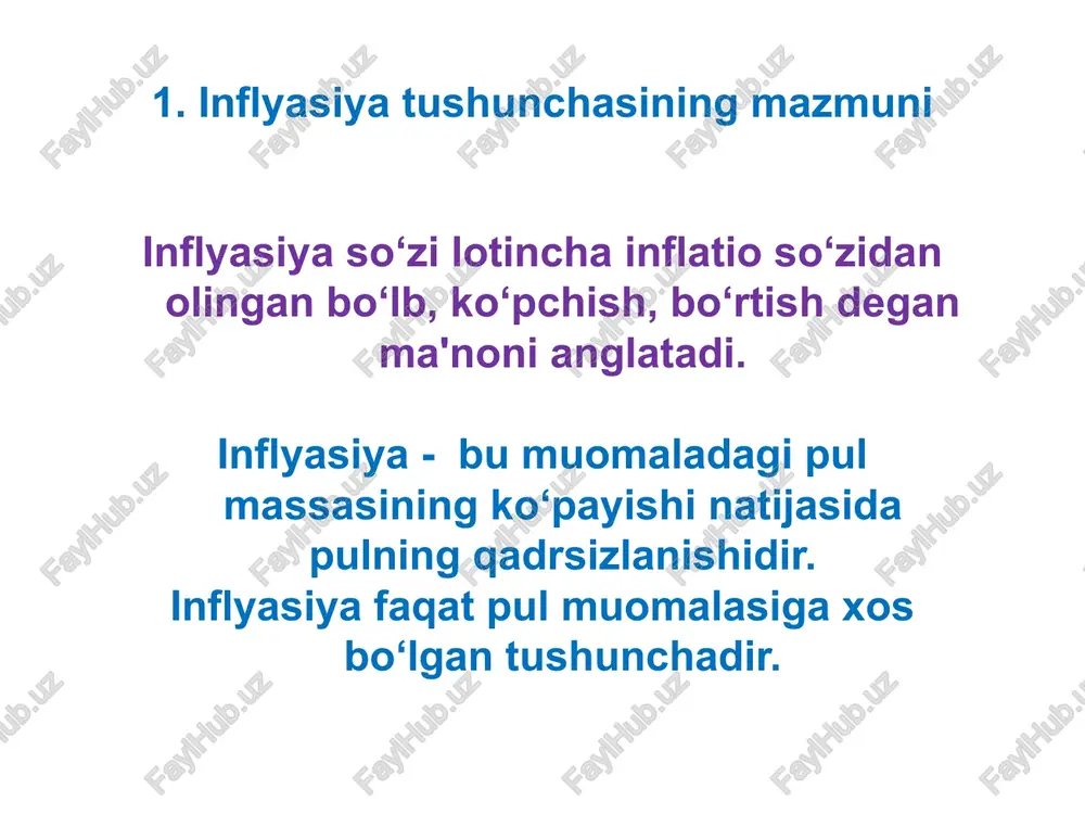 mi eksport qiluvchi mamlakatning foydasiga qayta taqsimlanadi. 1985 yilda aqsh va yaponiya o‘rtasida yuzaga kelgan savdo urushining asosiy sabablaridan biri inflyasiya darajalari o‘rtasidagi farq edi. chunki, o‘sha davrda inflyasiya darajasi aqshda yaponiyaga nisbatan baland edi. shunda yaponiya 19 mlrd. dollar miqdoridagi tovarlarni aqshdan import qilishdan bosh tortgan edi. inflyasiyaning turlari 11. import qilinadigan inflyasiya bunda inflyasiya tovarlarning bahosi tarkibida tovarlarni eksport qiluvchi mamlakatdan ularni import qiluvchi mamlakatga kirib keladi. 12. yashirin inflyasiya inflyasiyaning ushbu turi ayrim iste'mol tovarlarining baholari davlat tomonidan tartibga solinadigan mamlakatlarda yuz beradi. bunda baholari davlat tomonidan tartibga solinadigan tovarlarning bozordagi baholarini oshishi kuzatiladi. inflyasiyaning ijtimoiy va iqtisodiy oqibatlari inflyasiyaning ijtimoiy oqibatlari: *aholining turmush darajasi pasayadi *aholi daromad darajasiga ko‘ra tabaqalashib ketadi *aholining bankdagi jamg‘armalari qadrsizlanadi *ishsizlik darajasi oshadi. inflyasiyaning ijtimoiy va iqtisodiy oqibatlari inflyasiyaning iqtisodiy oqibatlari: * yalpi ichki mahsulotning o‘sishi sekinlashadi *korxonalarning moliyaviy barqarorligi va raqobatbardoshligi pasayadi *davlatning tashqi qarzini to‘lash bilan bog‘liq bo‘lgan xarajatlar …