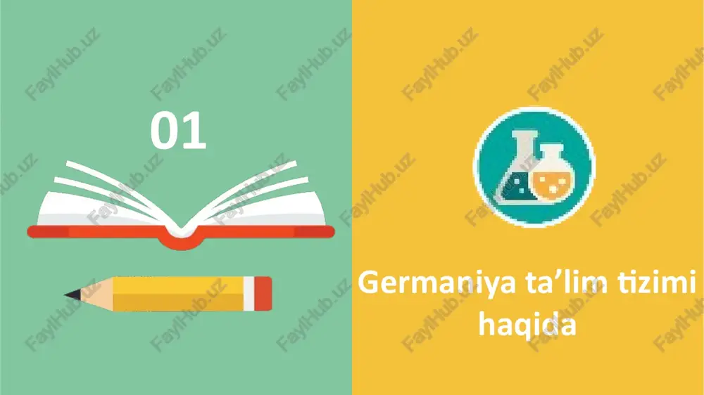 o’qiydi. o’qish davlat maktablarida tekin. xususiy maktablar ozroq. o’qish 6 yoshdan boshlanib, 4 yil davom etadi (faqat berlinda 6 yil). 4 xulosa xulosa germaniyada har bir ta`lim oluvchiga fanlar bo’yicha olgan bilimlari jamlangan attestatlar beriladi. pedagoglar maktabning so’nggi ikki yili bilimlari hajmida kirish test sinovlaridan o’tkaziladi. so’ngra o’tituvchilarni kasbiga layoqati va qobiliyati ham aniqlanadi. maktab va bog’chalarda qo’llanilishi mumkin bo’lgan vositalar elektron yozuv apparatlari (kalligrafiya va yozuv qoidalarini takomillashtirishga yordam beradigan moslamalar) ta`lim televideniyesi, qo’lda ko’tarib yuradigan elektron til laboratoriyasi, slaydlar, videoapparaturalar, kompyuter va hokazolardan iborat. pedagog yo’naltiruvchi rol o’ynaydi. asosiy maqsad o’quvchi bolalar intellektini mashq qildirish va mantiqiy fikrlashga o’rgatishdir. yuqoridagilardan kelib chiqib xulosa kilish mumkinki, germaniya urtamaktablarida uz ta`lim oluvchilariga uch yunalishda: akademik, kasb-hunar, umumiy yo’nalishlarda bilim beradi. foydanilgan adabiyotlar foydanilgan adabiyotlar ivanova a. uzbekiston -germaniya ta`lim soxasidagi xamkorlik. xalk suzi.2002 yil 13 mart. mamajonov i.g. germaniya davlati ta`lim tizimi. .“iktisodiyot va innovatsion texnologiyalar” ilmiy elektron jurnali. № …
