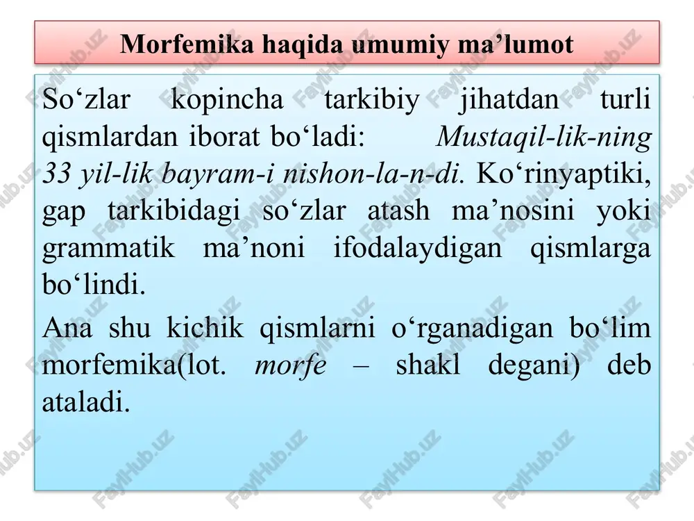 asi hamda ma’nolariga ko‘ra ikki guruhga bo‘linadi: 1) lug‘aviy shakl yasovchi qo‘shimchlar asosga qo‘shilib, unga ko‘plik, kichraytirish, erkalash, chegaralash, kamlik, oshirish, kuchaytirish, gumon, taxmin kabi ma'nolarni ifodalaydigan qo‘shimchlardir: uycha, kitoblar, kattaroq, ozgina, yurib, onajon, bura, oqarinqira(di), chayqa, tepkila. 2) sintaktik shakl yasovchi qo‘shimchalar so‘zlarni bir-biriga bog‘laydigan qo‘shimchlardirdir: bularga kelishik (kitobni o‘qidi, uyga ketdi, daftarning varag‘i), egalik (maktabimiz hovlisi, mening ukam, talabalar uyi), shaxs-son (biz keldik, men bordim, sen kelding) qo‘shimchalari kiradi. bu qo‘shimchlar yana sintaktik munosabat shakllari ham deyiladi. affiks morfemaning tuzilish jihatdan turlari 1. sodda affikslar boshqa qo‘shimchalarga ajralmaydi: ish-chi, aql-li, gul-la-di. 2. murakkab affikslar kamida ikkita qo‘shimchaning qo‘shilishidan hosil bo‘ladi: dehqonchilik, odamgarchilik, yordamlash, otlan, uydagi, yuzlab, butunlay, ochiqchasiga, tortqila, xomligicha, tepkila, turtkila, yugurgilamoh, ezg‘ilamoh, akalarcha. bu qo‘shimchalar ma’lum so‘zlar tarkibida kelganida boshqa ma’noli qismlarga ajralmaydi. o‘zbek tilida morfemalarning joylashish tartibi o‘zbek tilida affikslarning asosga qo‘shilish tartibi, odatda, quyidagicha: asos + so‘z yasovchi affiks + lug‘aviy shakl yasovchi affiks …
