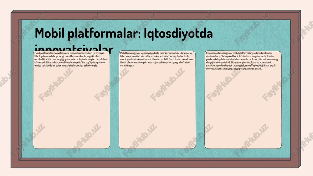 ligi va tezkorligi orqali yaxshilanadi. foydalanuvchilar mobil qurilmalar orqali oson va tez ma'lumot olish imkoniyatiga ega bo'lishadi. 1. tezkor navigatsiya; 2. sensorli ekranlar va gesturalar; 3. push-xabarnomalar orqali real vaqt ma'lumotlari; 4. shaxsiylashtirilgan tajriba. statistikaga ko'ra, mobil ilovalarni ishlatadigan foydalanuvchilarning 70% i mobil qurilmalardagi tajribalarini juda yaxshi deb baholaydi. photo by markus spiske on unsplash 1 2 3 mobil platformalarning rivojlanish istiqbollari mobil platformalar kelajakda odamlar bilan aloqa va axborot almashishni yanada osonlashtiradi. ular kundalik hayotimizda muhim rol o'ynaydi. raqamli transformatsiya mobil platformalar orqali amalga oshiriladi, bu esa tadbirkorlik va xizmat ko'rsatish sohalarida yangi imkoniyatlar yaratadi. o'zbekistonda mobil platformalar rivojlanmoqda, bu esa yoshlar orasida raqamli texnologiyalarni kengaytirish va ish o'rinlarini yaratish imkonini beradi. innovatsion texnologiyalar va mobil platformalar mobil platformalarda innovatsion texnologiyalar ma'lumotlarni tez va samarali uzatishga yordam beradi. yangi texnologiyalar: sun'iy intellekt, bulutli hisoblash, 5g aloqasi. mobil platformalarning iqtisodiy ta'siri mobil platformalar iqtisodiyotga ijobiy ta'sir ko'rsatadi, ular yangi biznes …
