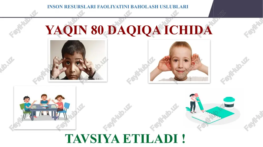zimlarining murakkabligi va byurokratiyasi subyektivlik va adolatsizlik xavfi resurslarning cheklanganligi imkoniyatlar texnologiyalardan foydalanish orqali ma'lumotlarni yig'ish va tahlil qilishni yaxshilash o'qituvchilar o'rtasida hamkorlik va tajriba almashishni kuchaytirish kasbiy rivojlanish dasturlarini takomillashtirish orqali o'qituvchilarning malakasini oshirish 15 16 xodimlar bilan ta’minlash xodimlar bilan ta’minlashga potensialga ega xodimlarni intervyu, turli ilovalar, tarmoqlar va boshqalar orqali ishga tanlash hamda yo‘llashni o‘z ichiga oladi. xodimlarni o‘qitish va rivojlantirish o‘rgatish va rivojlantirish, malakali xodimlarni uzluksiz rivojlantirish jarayonidagi navbatdagi qadamdir. motivatsiyani boshqarish motivatsiya xodimlarning yuqori mahsuldorligini ta’minlash kaliti hisoblanadi. bu funksiya ishchilarga berilgan imtiyozlar, faoliyatni baholash va mukofotlarni o‘z ichiga olishi mumkin ijtimoiy xizmatlar xodimlarga xizmat ko‘rsatish –xodimlarga o‘z vaqtida ish haqini berish, xavfsiz va sog‘lom ish muhiti yaratilishi lozim. xodimlar bilan munosabat – o‘qituvchilar maktabdagi ta’lim jarayonlaridan xabardor bo‘lishi, maktab va ta’lim hayotida qaror qabul qilish va rejalashtirishda ishtirok etishi lozim. inson resurslarini samarali boshqarishning funksiyalari inson resurslari faoliyatini baholash uslublari 16 strategiyani ishlab chiqishning …