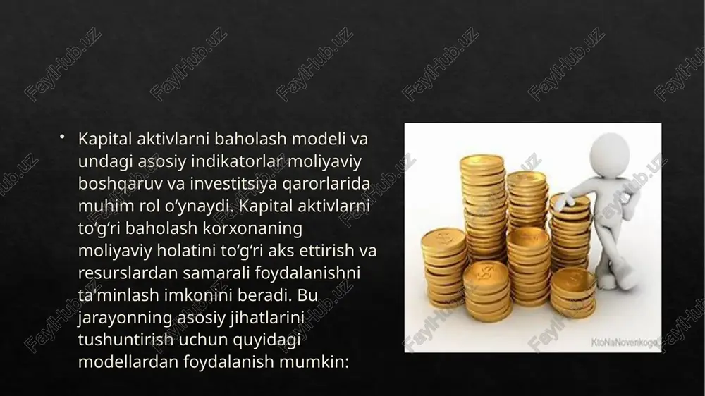ilayotgan daromad o'rtasidagi munosabatni tavsiflaydi. capm butun moliya sohasida riskli qimmatli qog'ozlarga narxini baholash, ushbu aktivlar riski va kapital qiymatini hisobga olgan holda aktivlar uchun kutilayotgan daromad darajasini baholash uchun foydalaniladi capm kapital bozoriga kiritilgan investitsiyalari bo'yicha talab qilinadigan daromad darajasini o'lchaydi va u zamonaviy portfel nazariyasi va diskontlangan pul oqimlari baholashning muhim elementidir. capm modelini formulasi 𝑬(𝑹) = 𝑹𝒇+ 𝜷∗ (𝑴𝒓− 𝑹𝒇) 𝑬(𝑹) – kutilayotgan qaytim 𝑹𝒇 – risksiz stavka 𝜷 – bozor betasi (beta koeffitsienti) 𝑴𝒓 – bozor qaytimi 𝑴𝒓− 𝑹𝒇 – risk uchun mukofot risksiz stavka - nazariy jihatdan investorning har qanday investitsiya uchun kutayotgan minimal daromadidir. amalda daromad olishda risksiz stavka mavjud emas, chunki investitsiyalarning har bir turida risk oz bo’lsa-da mavjud. risksiz stavka inflyatsiya darajasi va investitsiya muddatiga mos keladigan davrdagi davlat obligatsiyalarini daromadlilik stavkasi o’rtasidagi farq hisoblanadi. beta koeffitsienti - bu butun bozorga nisbatan alohida olingan kompaniya yoki portifeldagi mavjud qimmatli qog’ozlari harakatini tavsiflovchi …