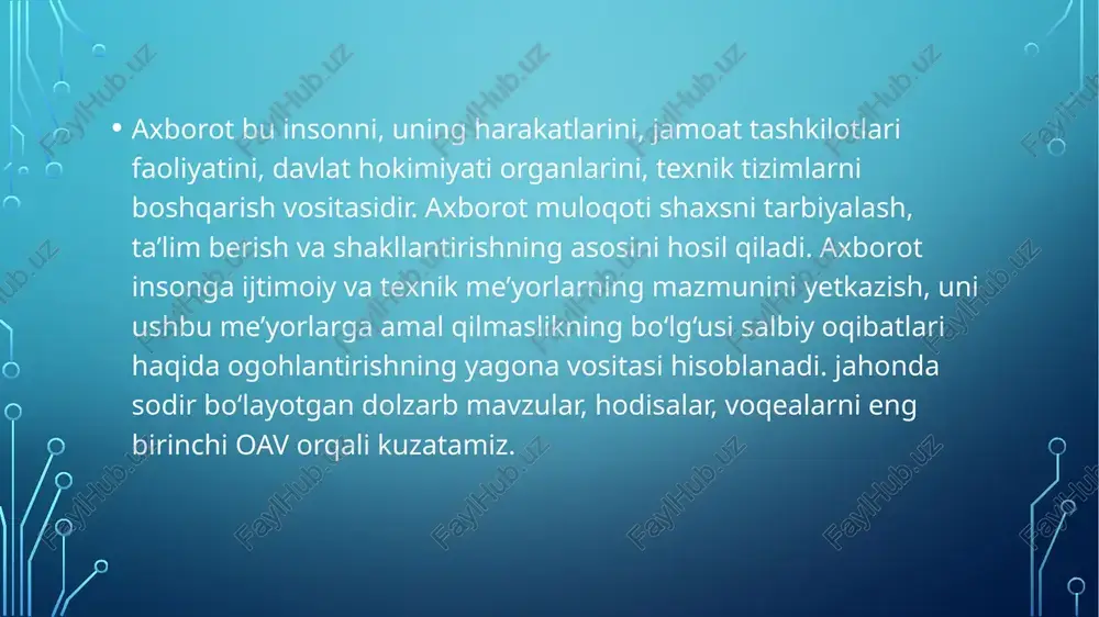 ar va boshqalar), original (nutk, musika, videofilmlardan parchalar, telekadrlar, animatsiya va boshqalar) turlarini bir dasturiy maxsulotda integratsiyalaydi. bun­day integratsiya axborotni ro’yxatdan o’tkazish va aks ettirishning turli kurilmalari: mikrofon, audio-tizimlar, optik kompaktdisklar, televizor, videomagnitafon, videokamera, elektron musiqiy asboblardan foydalanilgan holda kompyuter boshqaruvida bajariladi; - muayyan vaqtdagi ish, o’z tabiatiga ko’ra statik bo’lgan matn va grafikadan farqi ravishda, audio va videosignallar faqat vaqtning ma'lum oralig’ida ko’rib chiqiladi. multimedia vositalari asosida o’quvchilarni o’qitish quyidagi afzalliklarga ega: a) berilayotgan materiallarni chuqurroq, va mukammalroq o’zlashtirish imkoniyati bor; b) ta'lim olishning yangi sohalari bilan yaqindan aloqa qilish ishtiyoqi yanada ortadi: v) ta'lim olish vaqtining qisqarish natijasida, vaqtni te­jash imkoniyatiga erishish; g) olingan bilimlar kishi xotirasida o’zoq muddat saqlanib, kerak bo’lganda amaliyotda qo’llash imkoniyatiga erishiladi. shuni aytib o’tish kerakki, kadrlarni qayta tayyorlash yo’lida jaxon valyuta fondi, umumjaxon banki, yevropa ittifoki komissiyasi kabi nufo’zli tashkilotlar katta tajribaga egadirlar.biz bunga, ushbu tashkilotlar tomonidan tashkil qilingan semi­nar va konferensiyalarning ishtirokchisi …