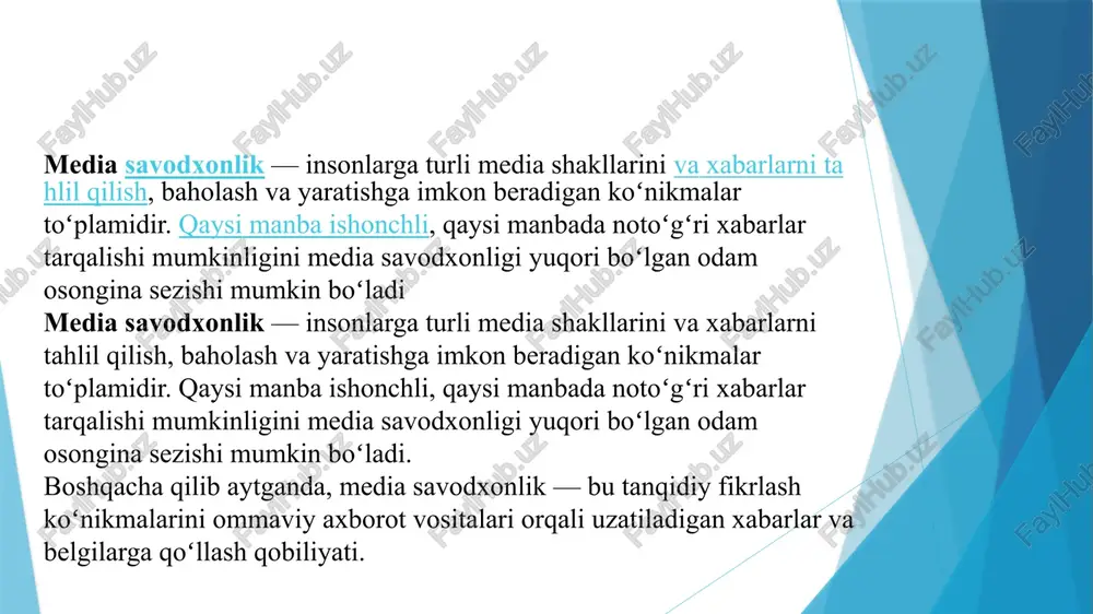 animatsiya. animatsiya – ma’lum tezlikda tasvirlarni almashtirish mahsulidir. bunda ma’lum vaqt oralig’ida, ma’lum sondagi bir xil o’lchamga ega bo’lgan tasvirlar tezkor almashtiriladi. axborotlarni uzatish axborotlarni uzatish turli xil usullarda, ya’ni xabarchi yordamida, pochta orqali, transport vositalari yordamida, aloqa tarmog‘idan uzoq masofaga uzatish yordamida amalga oshiriladi. aloqa tarmog‘i bo‘yicha uzoq masofaga uzatish usulida ma’lumotlarni uzatish vaqtini sezilarli darajada kamaytiradi. 10/4/2023 maksimkulova shohista 8 yuboruvchi qabul qiluvchi havo orqali sim orqali telekommunikatsiya kommunikatsiya axborotning salbiy va ijobiy ta’siri axborotning ijobiy tomoni shundan iboratki, o‘z vaqtida olingan to‘g‘ri va sifatli axborot turli sohalarda aniq qaror qabul qilish imkonini beradi. to‘g‘ri sifatli axborot insonlar, ayniqsa yoshlarning dunyoqarashini boyitishi, bilim olishi, zamonaviy bilimlar egasi bo‘lishi imkonini beradi, zero prezidentimiz ta’kidlaganlaridek farzandlari sog‘lom yurt qudratli bo‘lur. axborotning salbiy tomoni shundan iboratki, hozirgi kunda ayrim g‘arb davlatlaridan kirib kelayotgan bizning milliy qadriyatlarimizga yot bo‘lgan axborotlar va qarashlar hamda insonlar ongini zaharlovchi ma’lumotlar ham mavjud. internet va sms …