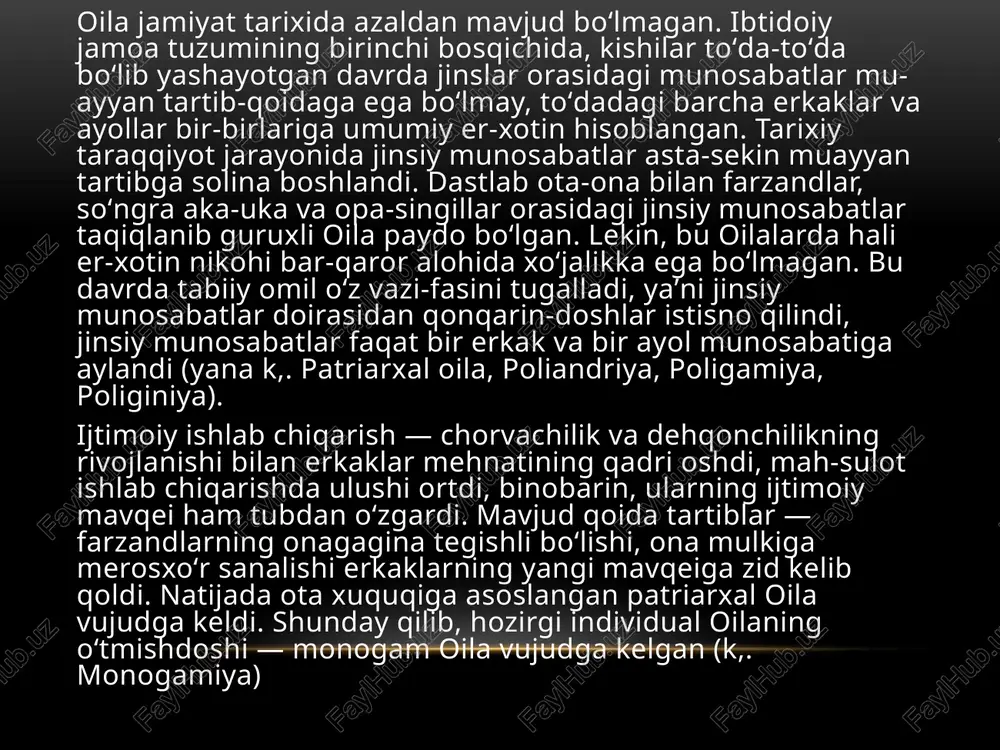 yat xdmda davlat tomonidan muhofazada boʻlish huquqiga ega. onalik va bolalikni muhofaza qilish boʻyicha boshqa qonuniy hujjatlar ham qabul qilinib, amaliy tadbirlar belgilangan. jumladan, "kam taʼminlangan oilalarni ijtimoiy himoya qilish choralari toʻgʻrisida" 1994 yil 22 avg .da farmon chiqarilib, muhtoj oilalarga moddiy va maʼnaviy yordam berishning koʻlami kengaytirildi. oilani jamiyatning ravnaq topilishidash tutgan oʻrni va ishtirokini yanada oshirish, oilalarning huquqiy, ijtimoiy, iqtisodiy, maʼnaviy-axloqiy manfaatlarini va farovonligini yaxshilashni davlat tomonidan qoʻllab-quvvatlashni kuchaytirish hamda izchil taʼminlash maqsadida oʻzr prezidenta 1998 yilni "oila yili" deb eʼlon qildi. shunga asosan, oila manfaatlarini taʼminlash borasidaamalga oshiriladigan tadbirlar toʻgʻri-sida davlat dasturi ishlab chiqildi. oʻzr xotin-qizlar qoʻmitasi huzurida respublika "oila" ilmiyamaliy markazi tashkil etildi. oilaviy hayot masalalarini huquqiy tartibga solishga bagʻishlangan oʻzbekiston respublikasining oila kodeksi qabul qilingan. image1.png image3.png image4.png image5.png image6.png image7.png /docprops/thumbnail.jpeg