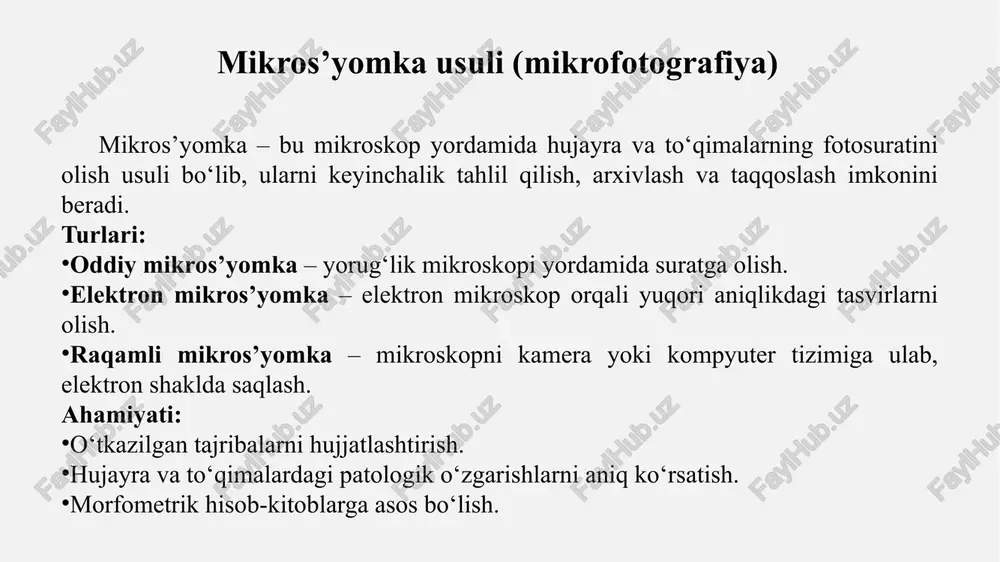 aroitda o‘stirish usuli. bu in vitro tajriba metodlari qatoriga kiradi. asosiy maqsadi: hujayralar o‘sishi, bo‘linishi, differensiallanishi va moddalar almashinuvini organizmdan tashqarida o‘rganish. usullari: explantatsiya usuli to‘qimadan kichik bo‘lak (eksplant) olinadi. maxsus ozuqa muhitiga (plazma, zardob, sintetik muhitlar) joylashtiriladi. to‘qima hujayralari o‘sib, ko‘payadi. masalan, embrioblast yoki teri epiteliy hujayralarini o‘stirish. to‘qimalar mexanik yoki fermentativ usulda alohida hujayralarga ajratiladi. maxsus muhitlarda (eagle, hanks, parker muhitlari) o‘stiriladi. hujayralar monoqavat bo‘lib o‘sadi. bu usul hujayralarning genetik xususiyatlarini, virusologik tadqiqotlarni, vaksina olishni o‘rganishda keng qo‘llaniladi. muhit tarkibi: aminokislotalar, glyukoza, vitaminlar, mineral tuzlar, oqsil va zardob qo‘shimchalari. antibiotiklar (sterillikni ta’minlash uchun). afzalliklari: hujayralarni tashqi ta’sirlarga javobini kuzatish. virus, bakteriya va toksinlarning ta’sirini o‘rganish. yangi dori vositalarini sinash. qo‘llanishi: biologiya va tibbiyotda – regeneratsiya, onkologiya, virusologiya. farmatsevtikada – vaksina ishlab chiqarish. genetikada – klonlash va gen injeneriyasi. hujayra madaniyati usuli gistokimyo — bu to‘qima va hujayra tarkibidagi kimyoviy moddalarni aniqlash va ularning hujayra ichida qayerda joylashganini ko‘rsatishga …