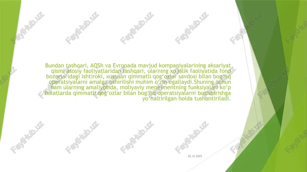 ytirish va pirovardida korxonaning ta’sischilari, manfaatdor shaxslar va mulkdorlar daromadlarini ko‘paytirish, moliyaviy menejmentning asosiy maqsadlarini ifodalaydi. 18.10.2024 hozirgi kunda moliyaviy menejment maqsadlarining eng muhimlari qaysilar degan savolga, iqtisodchi olimlar tomonidan turli qarashlar mavjud. ko‘plab xorijiy adabiyotlarda korxonalarda moliyaviy menejmentning maqsadlarini quyidagi uch guruhga ajratiladi: - foydani maksimallashtirish va korxona egalarining moliyaviy talablarini qondirish; - moliyaviy barqarorlikni ta’miniash; - mahsulot va xizmatlar realizatsiyasini maksimallashtirish (ya’ni, korxonaning ishlab chiqarish va xizmat ko‘rsatish xajmini oshirish). 18.10.2024 — operatsion faoliyat (tahlil, rejalashtirish, bashoratlash va korxonaning moliyaviy xolatini nazorat qilish); - moliyalashtirish - jalb qilingan va o‘z mablag‘lari manbalarini boshqarish (moliyaviy qarorlar qabul qilish); — investitsiyalar - investitsiya siyosati va aktivlarni boshqarish(investitsion qarorlar qabul qilish). kompaniyalarning o‘z oldiga qo‘yilgan maqsadlariga erishish ko‘p jihatdan moliyaviy menejerni boshqaruv qarorlarini to‘g‘ri va aniq qabul qilishiga bog‘liqdir. moliyaviy menejer belgilangan maqsadlarga erishishda quyidagi asosiy yo‘nalishlar bo‘yicha oqilona boshqaruv qarorlarini qabul qilish kerak bo‘ladi: 18.10.2024 yuqoridagi yo'nalishlaming xususiyatlaridan kelib chiqqan …