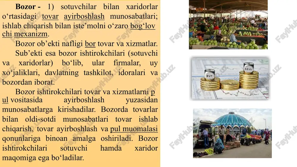 stemali) yondashishdir. marketing - sotuvchi va haridor o‘rtasidagi tovar, mahsulot yoki xizmatlar almashinuvi natijasida kompaniyaning qiymati oshish jarayoniga aytiladi. foydali almashinuv natijasida sotib oluvchi biron mahsulot, tovar yoki xizmatga ehtiyojini qondiradi, sotuvchi esa o‘zining foyda ko‘radi. f.kotler quyidagi ta’rifni taklif etadi: marketing - bu tovarlarni taqdim etish va almashtirish bilan alohida bir individlar va guruhlarning talab va ehtiyojlarini qondirishga yo‘naltirilgan ijtimoiy va boshqaruv jarayonidir. marketing nima? 9 marketingning asosiy maqsadi - bozorni har tomonlama o‘rganish, tahlil qilish va kon’yunktura o‘zgarishini oldindan bilish asosida yuqori foyda olishdir. xalq talabi va pul to‘lash qobiliyatini ishlab chiqarish jarayonlarini tashkil qilish va ishlab chiqarilayotgan maxsulotlarning iste’mol sifatini ta’minlash yo‘li bilan to‘la-to‘kis qondirishning ba’zi jihatlarini o‘rganadi marketingning maqsadi - yangi mijozlarni mahsulot, tovar yoki xizmat uchun jalb qilish, ularga yuqori iste’mol sifatini taklif qilib, eski mijozlarni saqlab qolgan holda, ularning tinimsiz o‘zgarib turuvchi ehtiyojlarini qondirishdan iborat. marketingning asosiy vazifasi - har bir bozorni ehtiyojlari va …