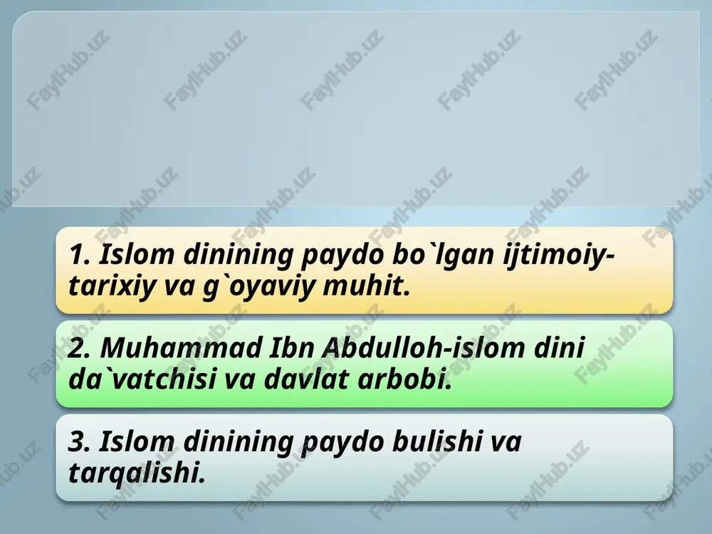 anma. – t.: «o’zbekiston faylasuflari milliy jamiyati» nashriyoti, 2018. – 304 b. 3. isoqjonov r. qiyosiy dinshunoslik. o‘quv qo‘llanma. – t.: ooo «complex print», 2020. – 198 b. 4. kamilov d. dinshunoslik. o’quv qo’llanma. – t.: lesson press, 2021. –128 b. 5. shermuxamedova n.a.diniy fanatizm fenomeni//inson falsafasi. – t.: noshir, 2016. b.314-499. 6. mirziyoyev sh.m. milliy taraqqiyot yo‘limizni qat’iyat bilan davom ettirib, yangi bosqichga ko‘taramiz. t. 1. - toshkent: o‘zbekiston.. 2017. 7. mirziyoyev sh.m. buyuk kelajagimizni mard va oliyjanob xalqimiz bilan birga quramiz. - toshkent: o‘zbekiston. 2017. 8. mirziyoyev sh.m. erkin va farovon, demokratik o‘zbekiston davlatini birgalikda barpo etamiz. - toshkent: o‘zbekiston. 2017. image2.jpeg image3.jpeg image4.jpeg image5.jpeg image6.jpeg image7.jpeg image8.jpeg image9.jpeg image10.png image11.jpeg /docprops/thumbnail.jpeg