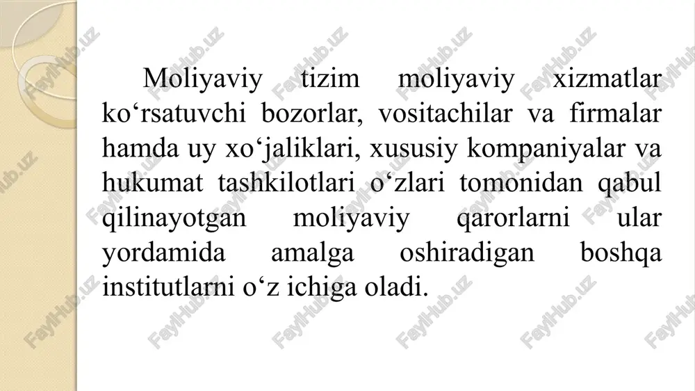 sh hisob-kitob to’lov tizimi moliyaviy tizim funksiyalari stimullashtirishning psixologik muammolarini yechish resurslarning birlashishi va kapitaldagi ishtirok ulushining bo’linishi informatsion qo’llab-quvvatlash moliya tizimi sohalari xo’jalik yurituvchi subyektlar moliyasi davlat va mahalliy moliya 4. moliya tizimi soha va bog’inlari xo’jalik yurituvchi subyektlar moliyasi bog’inlari tijorat korxonalari va tashkilotlari moliyasi notijorat tashkilotlar moliyasi davlat va mahalliy moliya sohasi bog’inlari davlat moliyasi davlat krediti moliyaviy voitachilar moliyasi davlat maqsadli fondlari moliya tizimining alohida sohalar va bo`g’inlarga bo`linishi yaimni shakllantirish, taqsimlash va qayta taqsimlashda, daromadlarni shakllantirish va ulardan foydalanishda iqtisodiy munosabatlar sub`ektlarining bir-birlaridan farqli ravishda ishtirok etishi bilan belgilanadi. moliya tizimining har bir sohasi va bo`g’iniga pul fondlari va daromadlarini shakllantirish va ulardan foydalanishning o`ziga xos bo`lgan shakllari va metodlari tegishlidir. 5. xorijiy mamlakatlarning davlat moliya tizimi xorijiy mamlakatlarning davlat moliya tizimi davlat byudjeti tizimi maxsus nobyudjet fondlar davlat va mahalliy hokimiyat organlari kreditlari davlat korporatsiyalari moliyasi unitar (yagona) davlatlarning byudjet tizimi davlat byudjeti ko’p …
