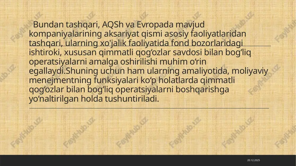 osqichma-bosqich oshirib borish hisobiga foydani ko‘paytirish va pirovardida korxonaning ta’sischilari, manfaatdor shaxslar va mulkdorlar daromadlarini ko‘paytirish, moliyaviy menejmentning asosiy maqsadlarini ifodalaydi. 09.10.2024 hozirgi kunda moliyaviy menejment maqsadlarining eng muhimlari qaysilar degan savolga, iqtisodchi olimlar tomonidan turli qarashlar mavjud. ko‘plab xorijiy adabiyotlarda korxonalarda moliyaviy menejmentning maqsadlarini quyidagi uch guruhga ajratiladi: - foydani maksimallashtirish va korxona egalarining moliyaviy talablarini qondirish; - moliyaviy barqarorlikni ta’miniash; - mahsulot va xizmatlar realizatsiyasini maksimallashtirish (ya’ni, korxonaning ishlab chiqarish va xizmat ko‘rsatish xajmini oshirish). 09.10.2024 — operatsion faoliyat (tahlil, rejalashtirish, bashoratlash va korxonaning moliyaviy xolatini nazorat qilish); - moliyalashtirish - jalb qilingan va o‘z mablag‘lari manbalarini boshqarish (moliyaviy qarorlar qabul qilish); — investitsiyalar - investitsiya siyosati va aktivlarni boshqarish(investitsion qarorlar qabul qilish). kompaniyalarning o‘z oldiga qo‘yilgan maqsadlariga erishish ko‘p jihatdan moliyaviy menejerni boshqaruv qarorlarini to‘g‘ri va aniq qabul qilishiga bog‘liqdir. moliyaviy menejer belgilangan maqsadlarga erishishda quyidagi asosiy yo‘nalishlar bo‘yicha oqilona boshqaruv qarorlarini qabul qilish kerak bo‘ladi: 09.10.2024 …
