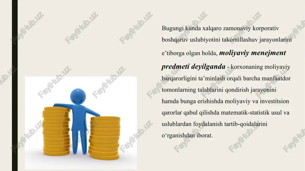 ning funktsiyasi sifatida tashkil etishning asosiy maqsadi - boshqaruvchi va boshqariluvchi tizimlarning o‘zaro aloqa va munosabatlarini shakllantirishdir. korxonalarning moliyaviy faoliyatiga doir uzoq muddatli strategiyalarini ishlab chiqishda muhim instrumentlardan biri sifatida strategik moliyaviy tahlil hisoblanadi. moliyaviy rejalashtirish funktsiyasi mavjud moliyaviy resurlar hamda ularning chegaralanganligini inobatga olgan holda korxonaning maqsadlariga erishish yo’llarini belgilashdan iborat. moliyaviy nazorat funktsiyasining mohiyatini quyidagicha ifodalash mumkin: korxonada belgilangan reja ko’rsatkichlarini haqiqatda qay darajada amalga oshirilayotganligi yoki bajarilmayotgan bo’lsa bunday holatlarni o’z vaqtida aniqlash, bunday holatlarni paydo bo’lish sabablarini batafsil o’rganish asosida mavjud kamchiliklarni bartaraf etishda tezkorlik bilan zaruriy choralar ko’rishdan iborat. moliyaviy menejmentning keyingi guruh funktsiyalari uning alohida boshqaruv faoliyati xususiyatlarini tasniflaydi. aktivlarni boshqarish. korxonalar xo‘jalik faoliyatining xajmi va amalga oshirilayotgan operatsiyalar ko‘lamidan kelib chiqqan holda uning turli hildagi aktivlarga bo‘lgan talabini o‘rganish, korxona aktivlaridan samarali foydalangan holda ularning tarkibini optimallashtirish va likvidliligini ta’minlash, amortizatsiya hisoblashning eng maqbul yo‘llarini ishlab chiqish va amalga oshirish, ularni moliyalashtirishni optimal …