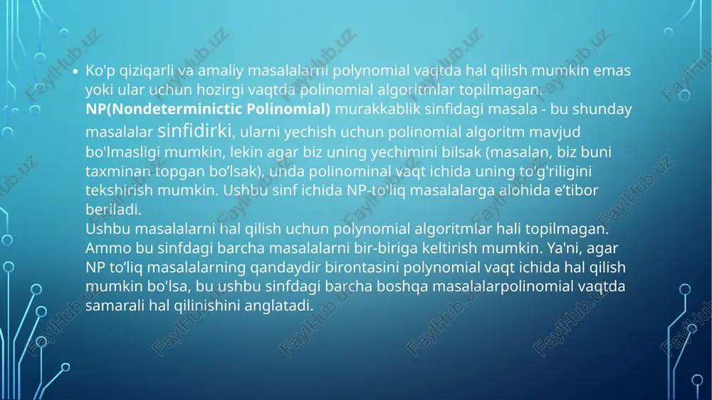 asi shteyner muammosi grafni bo'yash muammosi graf cho’qqisini qoplash masalasi to’plamni qoplash masalasi graf cho’qqilarining mustaqil to’plamlari masalasi saper o’yini tetris o’yini np to'liq masalalarni hal qilish uchun evrestik algoritmlar evristika yoki evristik algoritm – algoritm deb ta’riflanishi uchun quyidagi hususiyatlarga ega bo’lishi kerak: 1. u odatda shartli ravishda optimal bo’lmasa ham, yahshi yechimlarni topish kerak. 2. uni ixtiyoriy ma’lum aniq algoritmdan ko’ra, amalga oshirish tezroq va soddaroq bo’lishi kerak. evristika (boshqa yunon tilidan: εὑρίσκω - "qidiraman", "kashf qilaman") - bu bilim sohasi, ijodiy faoliyatning o'ziga xos xususiyatlarini o'rganadigan ilmiy soha. evristika deganda kognitiv, konstruktiv, amaliy masalalarni hal qilishni osonlashtiradigan sodda usullar va uslublarning umumlashgan majmuasi tushuniladi. hisoblash murakkabligi yuqori bo’lgan masalalarni hal qilish uchun evristik algoritmlardan keng foydalaniladi. ya’ni ko’p vaqt talab qiladigan va ba’zan texnik jihatdan imkonsiz barcha variantlarni to’liq qayta ko’rib chiqadigan algoritm o’rniga ancha tezroq, ammo yetarlicha nazariy asoslanmagan algoritm qo’llaniladi. taqribiy va evristik usullar - …