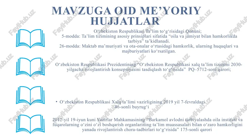 da real vaqtda ma’lumot beradi. germaniyada “school–family–partnerships” modeli asosida ota-onalar bilan hamkorlikni rivojlantirishda ijtimoiy-iqtisodiy yondashuvlar o‘rganiladi. ecological systems theory (bronfenbrenner, 1979)ga ko‘ra, oila, maktab va jamiyat o‘rtasidagi mustahkam aloqalar bolaning rivojlanishiga ta’sir ko‘rsatadi. tadqiqotlar shuni ko‘rsatadiki, ota-onalarning maktab hayotiga faolligi o‘quvchilarning o‘ziga bo‘lgan ishonchini oshiradi va natijada ular akademik jihatdan yuqori natijalarga erishadilar. aqshda epstein modeli asosida olib borilgan tadqiqotlar shuni ko‘rsatadiki, maktablar ota-onalar bilan muntazam ravishda uchrashuvlar o'tkazadi, bu uchrashuvlar orqali o'quvchilarning o'qishdagi muvaffaqiyatlari, xulq-atvori va boshqa rivojlanish jihatlari muhokama qilinadi. bunday uchrashuvlar ko'pincha "ota-ona kuni" deb nomlanadi va o'quvchilarni yaxshiroq tushunishga yordam beradi. t/r xorijda o‘zbekistonda taklif 1 singapurda: har bir maktabda “parent support group” mavjud. ota-onalar o‘qituvchilarga yordamchi rolida faol ishtirok etadi. hamkorlik strategiyasi milliy ta’lim ramkasi orqali yo‘lga qo‘yilgan. maktabda ota-onalar ishtiroki rasmiy tadbirlarda cheklangan. maktabda “ota-onalar ga ko‘maklashuv guruhlari”ni tashkil qilish. ota-onalarga uyga vazifani tayyorlash jarayoniga metodik yordamchi sifatida onlayn jalb etish. 2 germaniyada: “extended …